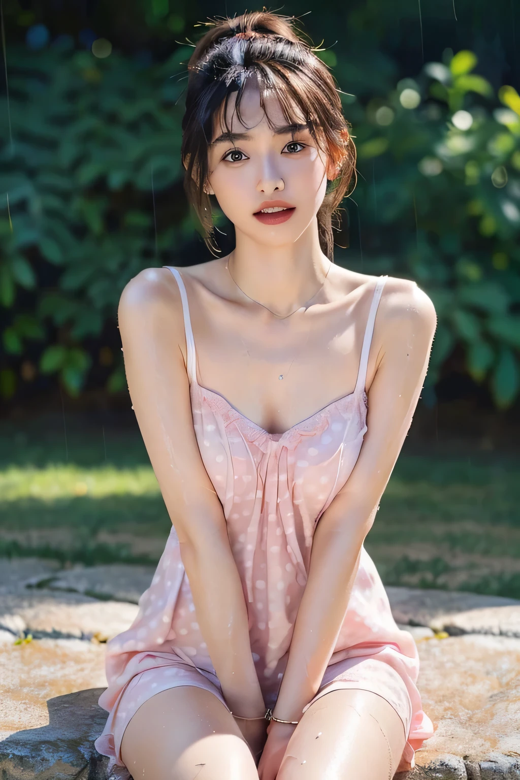 (highest quality, 4k, masterpiece :1.3), 
sharp focus, shallow depth of field, Bright colors, professional level, 
20-year-old, 1 person, (A half Japanese, half Brazilian woman）, beautiful actress face, 
Supple body :1.3, model body shape:1.5, perfect style：1.4, 
narrow shoulders, beautiful clavicle, long and thin legs, 
The beauty of slim abs :1.2, thin waist :1.2, 
super detailed skin, Fair skin, Shiny skin, super detailed face, 
slim facial contour, beautiful small face, Beautiful lined nose, 
super detailed eyes, long slit eyes, brown eyes, double eyelid, Beautiful thin eyebrows, fine long eyelashes, 
super detailed lips, plump lips, glossy pink lips, flushed cheeks, beautiful teeth, 
Beautiful actress&#39;s ennui makeup, pink lipstick, 
dark brown hair, delicate soft hair, 
(hair up, medium short hair, ponytail:1.2), 
layer cut, (dull bangs:1.2), 
(stylish looking earrings,necklace,bracelet,shiny nail art:1.2), 
gentle smile, open mouth half way, Enchanted expression, stare at the camera, 
(((photorealism,Shoot the whole body from the thighs:1.5))), ((The body is facing sideways)), 
dynamic lighting, 

(Dress up in a tight polka dot nightgown:1.4), 

((She is posing naked and sexy with beautiful posture.:1.2)), 
The areola of the breast is beautiful:1.2, 
I&#39;m putting my hand between my crotches:1.2, 
(perfect breast shape, flat chest:1.2), 
It is a small pale pink areola., 
(She has a cute plump butt, My thighs are dazzling),

(Large shower room in a luxury hotel, The ocean horizon spreads out behind the large windows), 
Sitting with legs spread in a recliner, 

(wet in the rain, wet in the rain, wet body :1.4),
