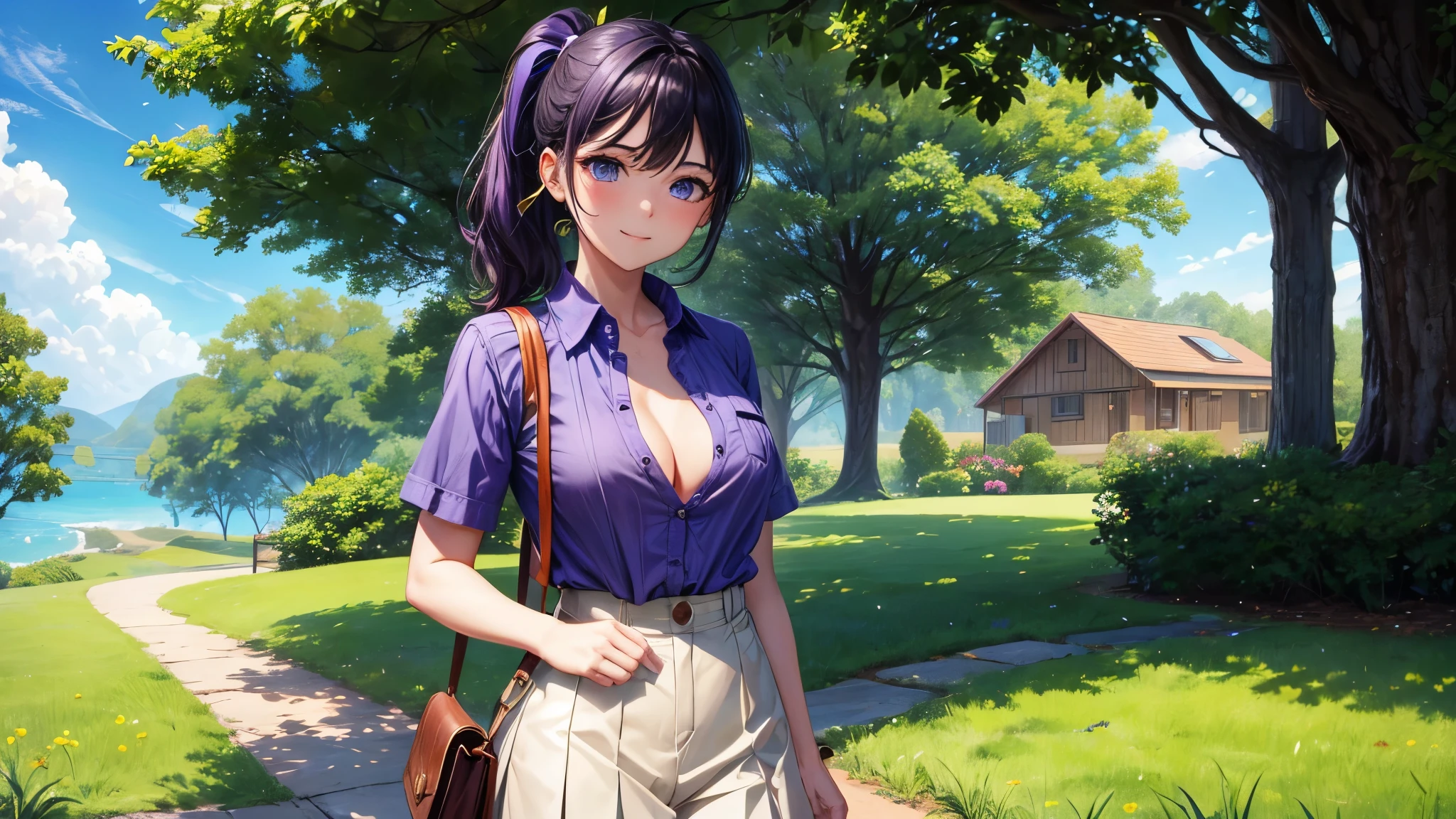 1girl, summer, village, trees, sun, clouds, ((colorful hair)), ponytail, large breasts, button down, blue eyes, ((purple shirt)), ((unbuttoned shirt)), unbuttoning buttons, ((short sleeved shirt)), black mini skirt, brown shoes, grin, looking at the viewer, standing, hair ribbon, ((golden necklate))