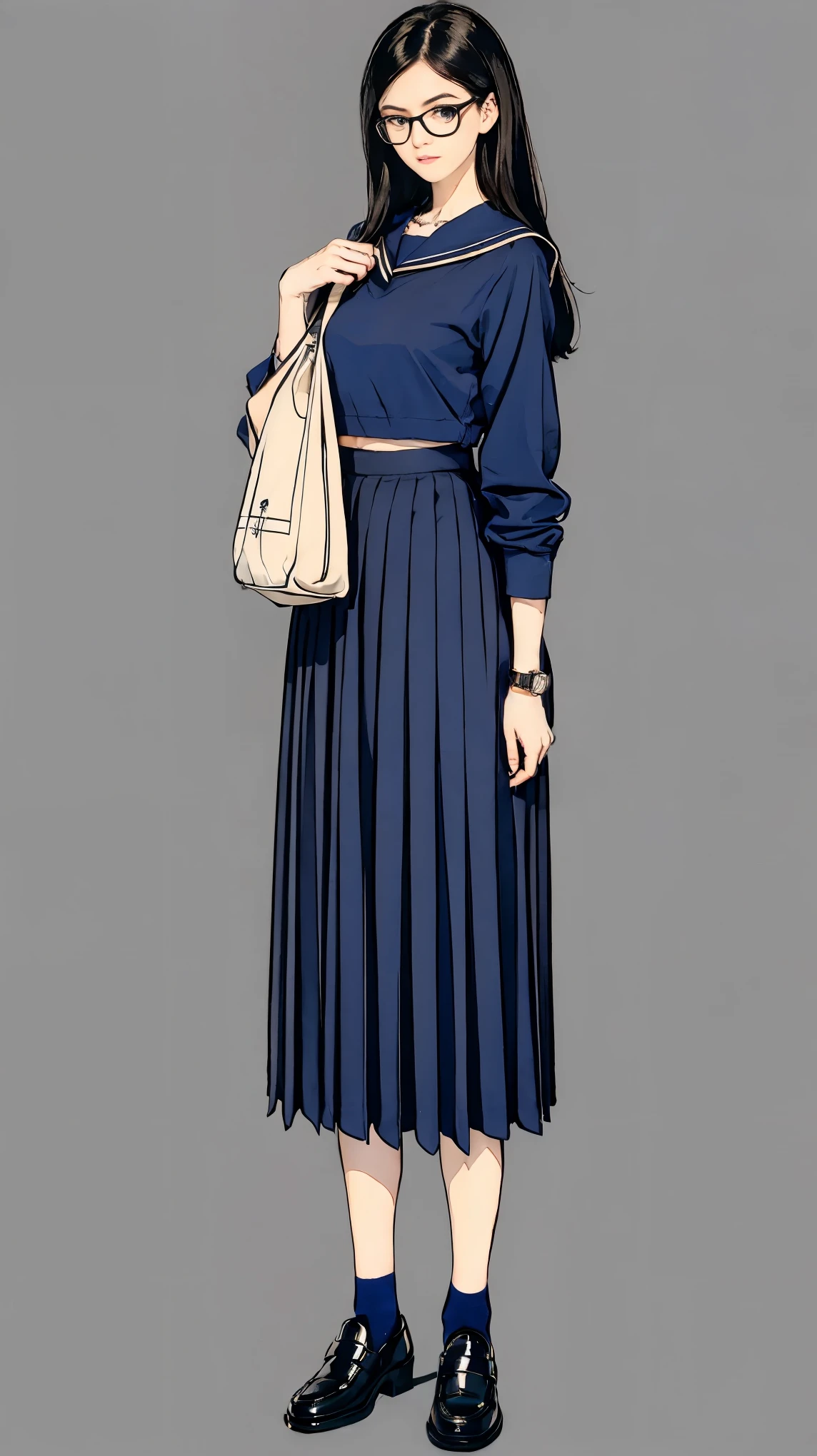((best quality,4k,highres,masterpiece:1.2)),((character concept art)), 1 female, age 17. Concealing her true appearance beneath a traditional Japanese high ((consisting of a bulky, navy blue sailor-style top paired with a matching pleated skirt)), she presents a persona that is distinctly nerdy. Her comfortable black loafers and white knee-high socks complete the ensemble. ((Her thick, black-framed eyeglasses and the messiness of her black hair reinforce this image)). The only accessories she carries are a school bag and a simple wristwatch. Beneath this carefully crafted exterior, her true elegance and sophistication remain hidden, waiting to be discovered. ((intricate detail)), super finely detailed hands, ultra finely detailed fingers(((ten fingers))), (standing casually), (full body showcase), (show full body), (no logos on background), (no logo), ((plain background)), ((plain background)), (((empty background))).