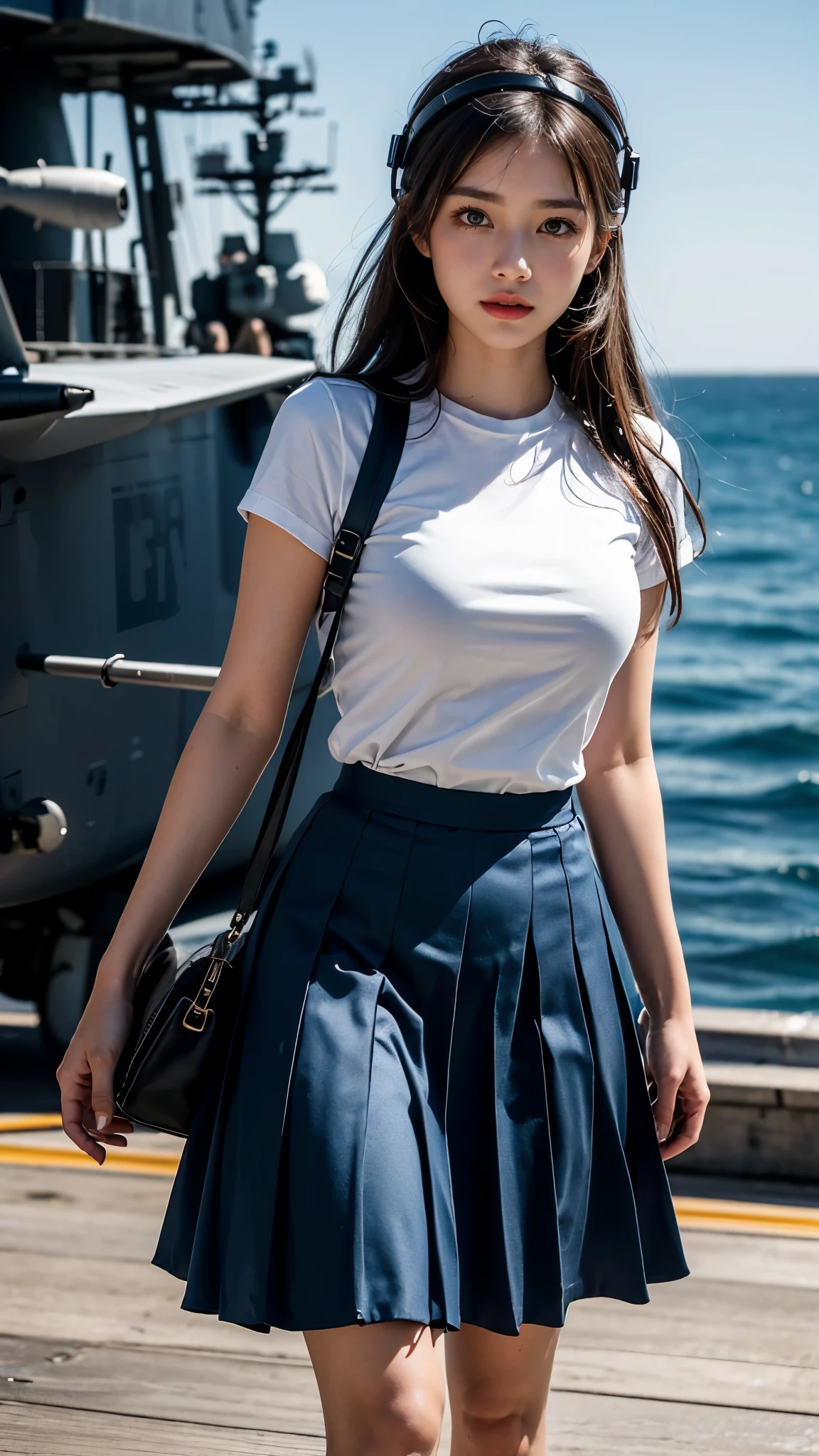 8k, highest quality, ultra detailed:1.37), Ray Tracing , Unity 8k wallpaper, ((18 years)), a beautiful Asian girl, ((proudly stands in a Aircraft Carrier Deck)), representing her  as a Navy Pilot, ((She wears a fitted Luxury Purple T-shirt)), ((Luxury above Knee length pleated Satin Blue skirt)), The high-resolution image captures ultra-detailed realism, highlighting Eliana's determined expression, piercing eyes, and confident stance. The backdrop showcase Aircraft carriers, adding to the authenticity and significance of the image. This visually striking representation showcases Eliana's strength and dedication as a Navy pilot, Big ship, ((Blue sea)), (((Aircraft Carrier Deck))), Fighter Jets, Army Helicopter, Chinook Helicopter, ((Detailed face)), ((Perfect body figure)), ((Detailed hair)), ((Detailed Dress)), ((Detailed background)), ((detailed skin)), ((detailed Fighter Jets)), cute knees, Aircraft carriers, Stylish looks, Perfect Young breasts under dress, realistic Skin, Perfect Angles, Ultra Realistic, Ultra HD image Clarity, fighter Jet Helmet in Hands, Eyes are very hot looks, Slightly open mouth, Ultra Realistic Face, Upper body shot, Close up shot, walking In Deck