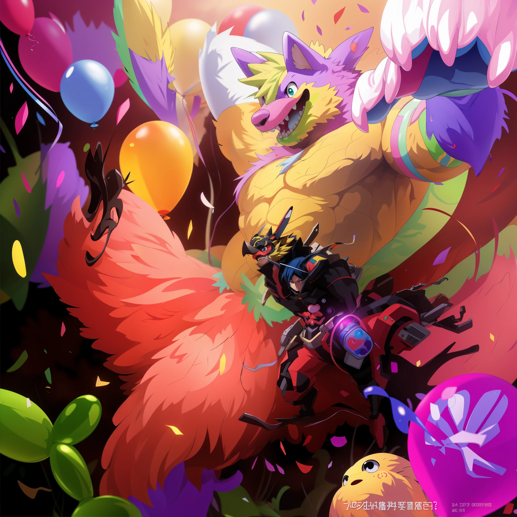 brightly colored balloons and balloons are flying in the air, overgrown with shiny blobs, vibrant fan art, detailed fanart, fan art, colorful concept art, [ conceptual art ]!!, colorfull digital fantasy art, epic full color illustration, game art!!, happy!!!, wallpaper!, a beautiful artwork illustration, badass composition, very detailed digital painting, colorful digital painting, good looking, anime style, 8k, 4k anime wallpaper, anime art wallpaper 8 k, 2 d art, 2d art, anime art wallpaper 4k, detail art