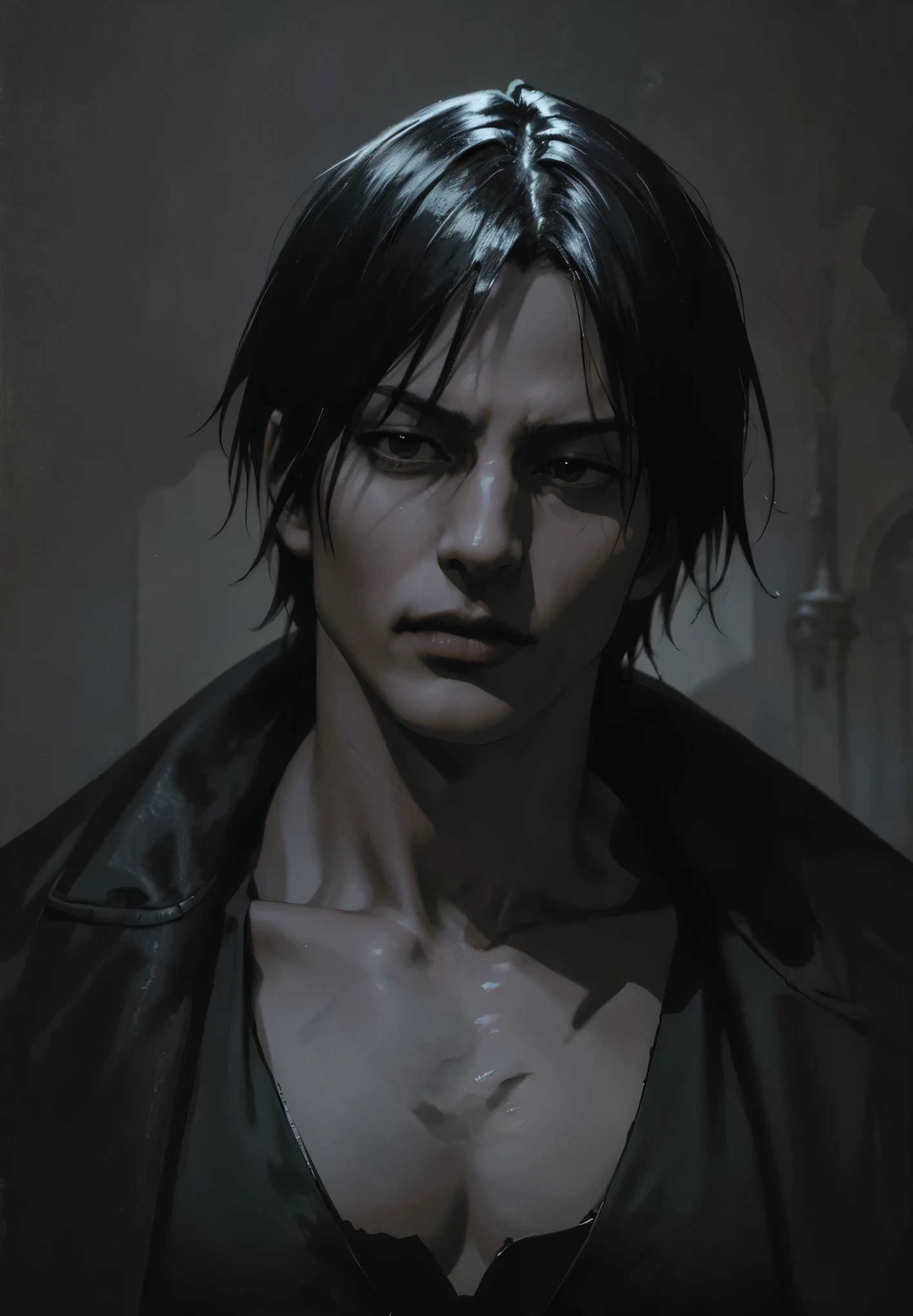 Vampiro_caballero, solo, retrato, (majestic, impressive, exquisite:1.3), toji fushiguro, oil painting, detailed eyes, sharp focus, dark background, dramatic lighting, rich colors, intense emotion, gothic style, soft brushstrokes, high resolution, realistic rendering