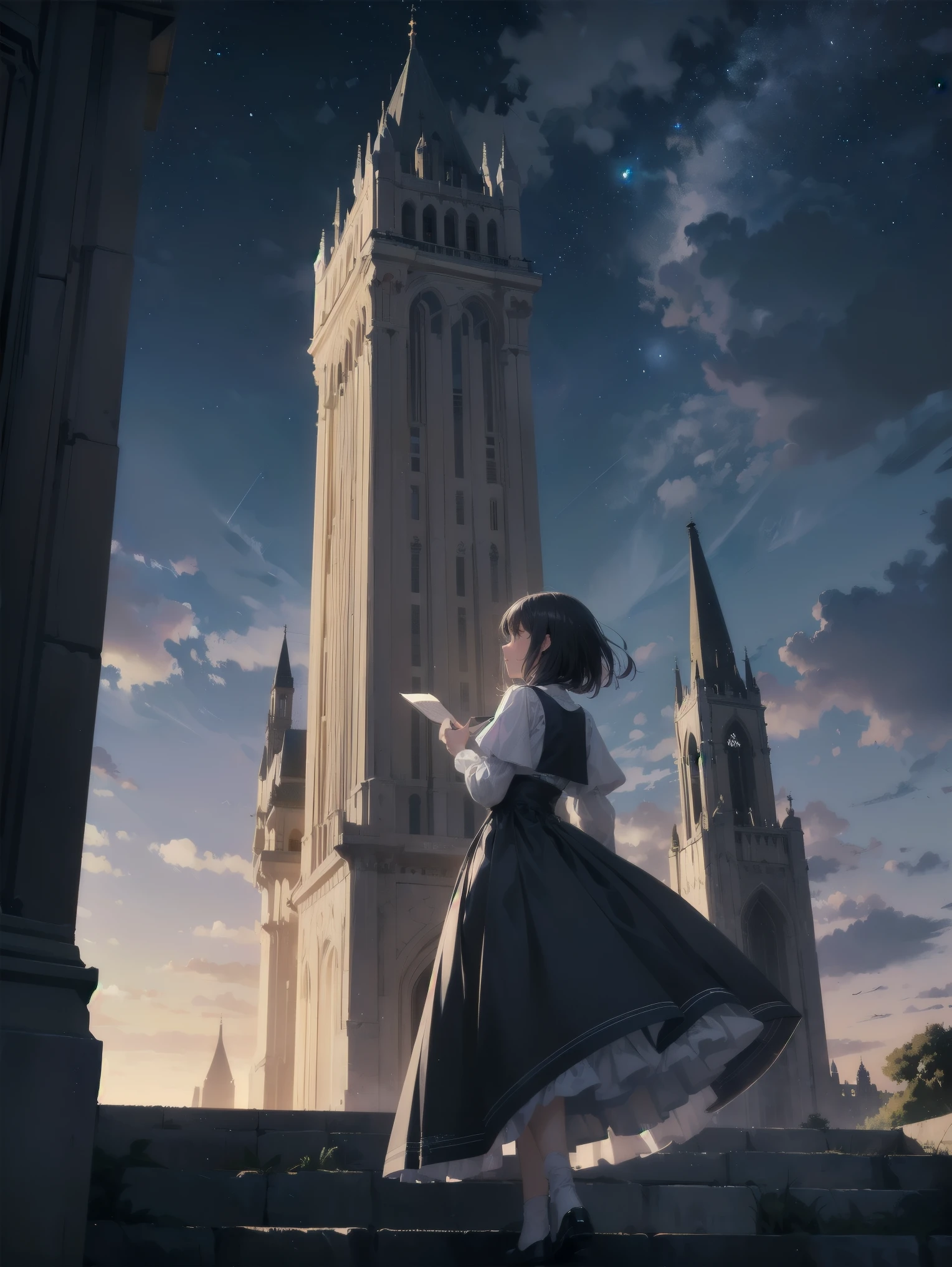 Girl looking up Scene 1: Twilight tower shadow The girl stands quietly against the sky, which is dyed an azure colour. Towering up in front of her is a huge structure called the Tower of Babel. Its form, which seems to pierce through the clouds, seems as if it is about to reach the heavens. The girl's gaze is directed towards the top of the tower. The tower, shrouded in evening darkness, creates a fantastic atmosphere. The surface of the tower is engraved with intricate patterns. It looks like ancient writing. The girl seems to sense something deep within the tower. Is it the memory of a masterpiece story or a longing for an unknown fantasy world? Scene 2: Memory of the starry sky The girl stands at the top of the tower amidst countless twinkling stars in the night sky. At her feet, the lights of the city shine like jewels. The girl closes her eyes and takes a deep breath. The scent of the night breeze is mixed with the old smell of the tower. The girl's mind replayed a famous story. It was a story of adventure and friendship that the girl read as a . The hero of the story, like the girl, climbed the Tower of Babel. There, she meets her friends and overcomes various difficulties. The girl dreamed that one day she, like the hero, would go on an adventure. Scene 3: The promise of the morning glow The girl left the tower just as the light of the morning sun was illuminating it. Looking back, the tower shone in the morning sun and even looked divine. The girl decides that one day she will climb this tower again. And when she does, she vows to spin out the rest of the masterpiece's story. Step by step, the girl walked into the future.