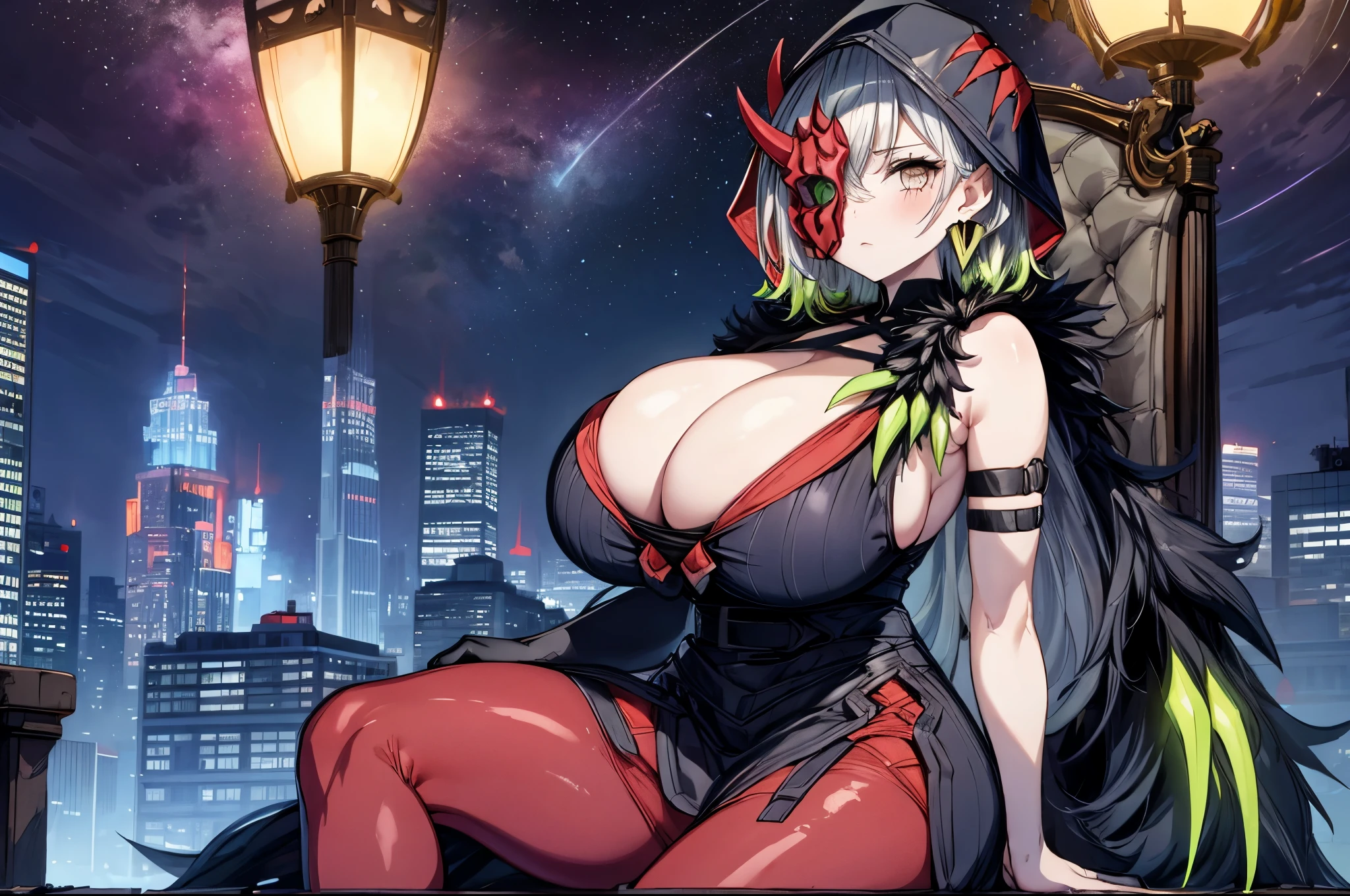 (masterpiece, best quality:1.2),cityscape,night, stars,sit on a throne, wide open legs, a throne in the middle of the street, intricate details, 1girl ,diabellestarr the dark witch, narrow bust,(huge breasts:1.6),(mature female:1.2),(solo),Korean doll,thick, minimal cloth, cleavage ,mask, dress, hood up, detached sleeves, red pantyhose, earrings