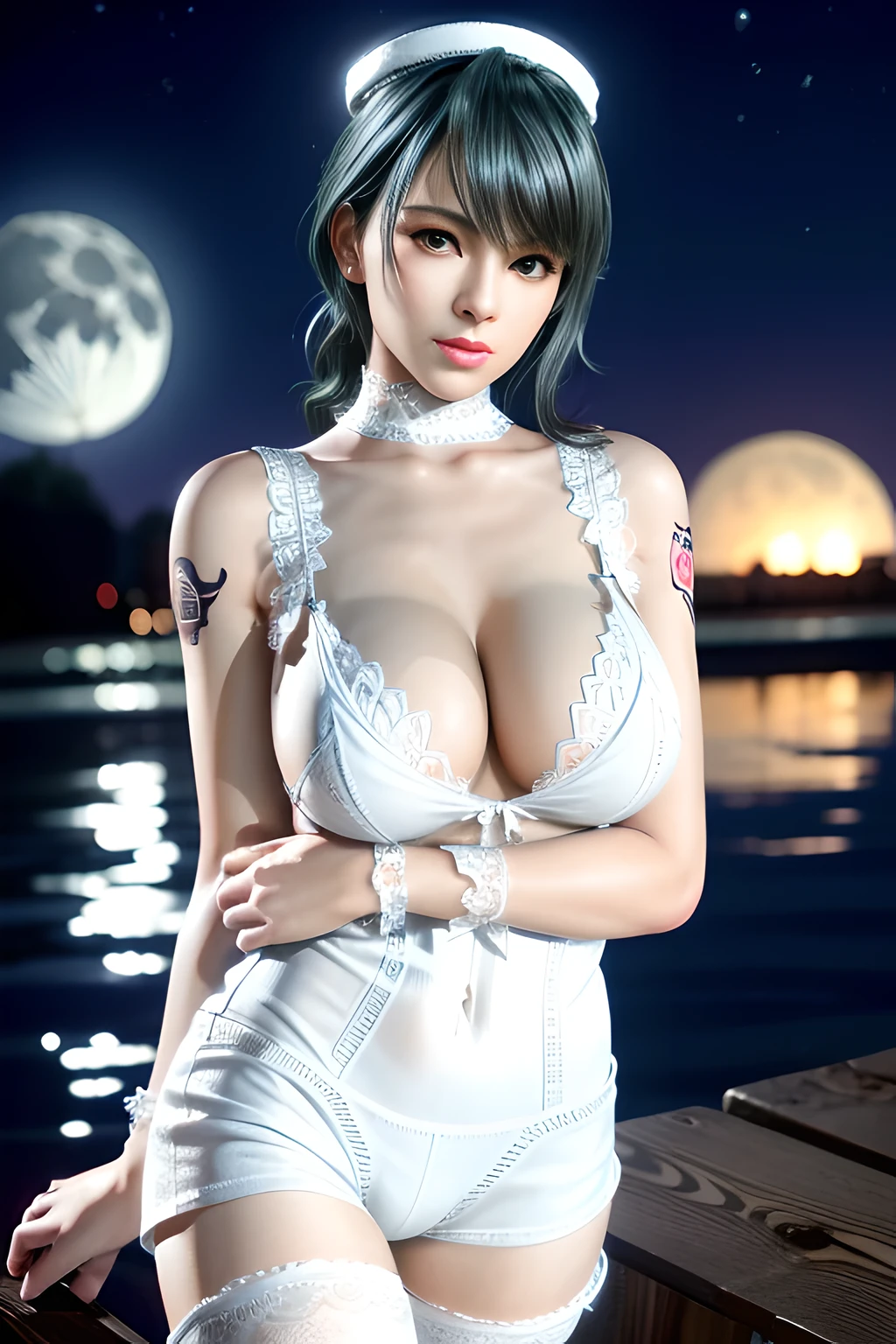 1 girl,standing posture,bare shoulders, pantyhose, bodysuit,( see-through:1.2),(((white bodystocking))), nighttime,moon,( huge breasts:1.1),cleavage,shiny skin,lip gloss,( tattoos:1.2), masterpiece, best quality, realistic ,Rich artistic colors, 8K,Portrait art,solo, tamaki