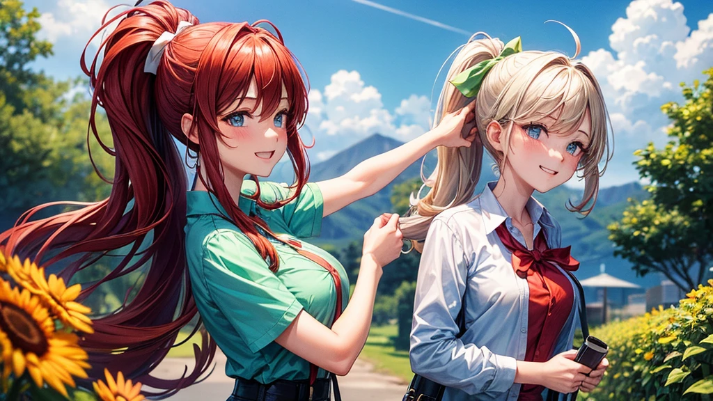 1girl, summer, village, trees, sun, clouds, ((colorful hair)), ponytail, large breasts, button down, blue eyes, ((red, white and green shirt)), ((unbuttoned shirt)), unbuttoning buttons, ((short sleeved shirt)), black mini skirt, brown shoes, grin, looking at the viewer, standing, red, white and green hair ribbon, ((golden necklate))