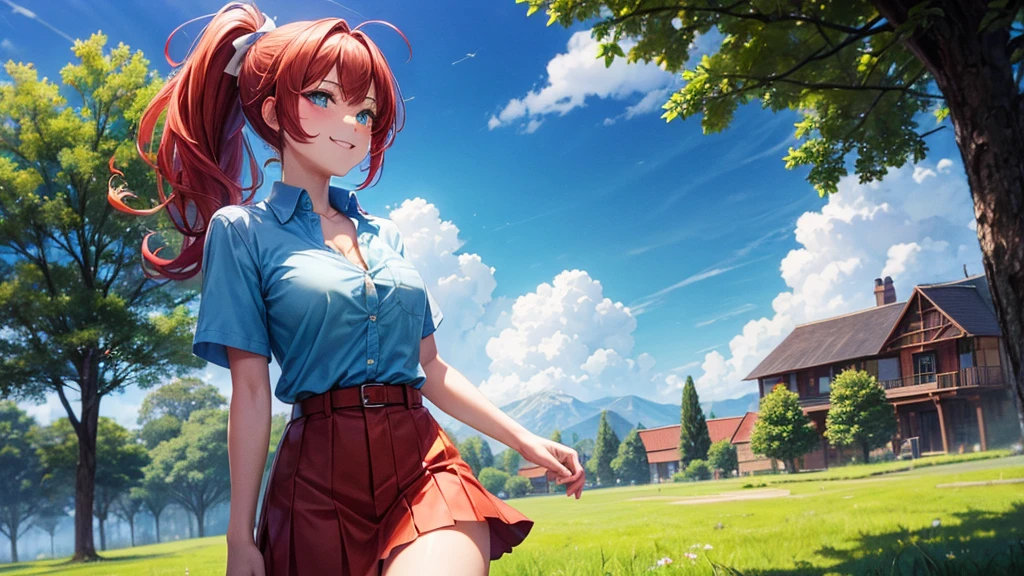 1girl, summer, village, trees, sun, clouds, ((colorful hair)), ponytail, large breasts, button down, blue eyes, ((red, white and green shirt)), ((unbuttoned shirt)), unbuttoning buttons, ((short sleeved shirt)), black mini skirt, brown shoes, grin, looking at the viewer, standing, red, white and green hair ribbon, ((golden necklate))