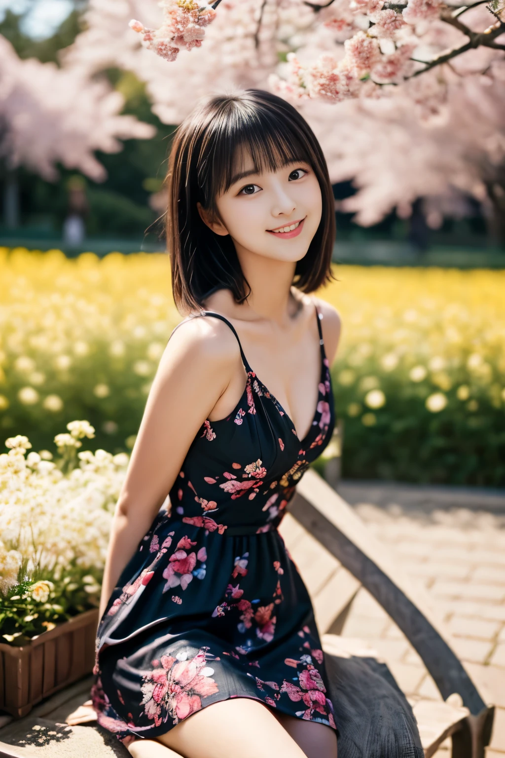 masterpiece, highest quality, 8K, 1 girl, (), teenager, smile, alone, (Super cute idol-like face:1.2), delicate girl, black hair, middle bob hair, straight hair, bangs, looking at the viewer, Frank, Sophisticated, professional lighting, film grain, whole body, beautiful figure, In the background, there are yellow rapeseed fields and rows of cherry blossom trees., (floral dress:1.2), small breasts, sitting on the bench,