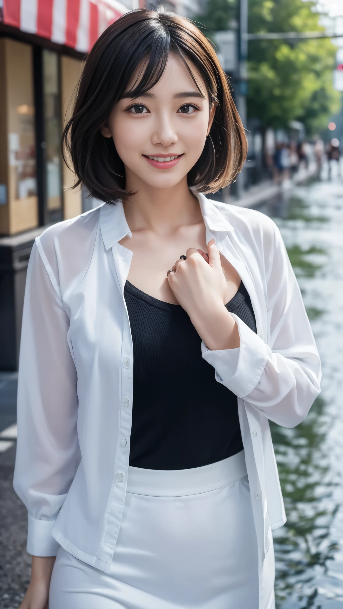 ((highest quality, 8K, masterpiece:1.3)), concentrate:1.2, perfect body beauty:1.4, buttocks:1.2, ((layered haircut, chest:1.2)), (wet clothes:1.1) , (rain, street:1.3), white long dress: 1.1, Highly detailed face and skin texture, fine eyes, double eyelid, Whitening skin,smile、beauty of japan、perfect face、perfect body line、smile、