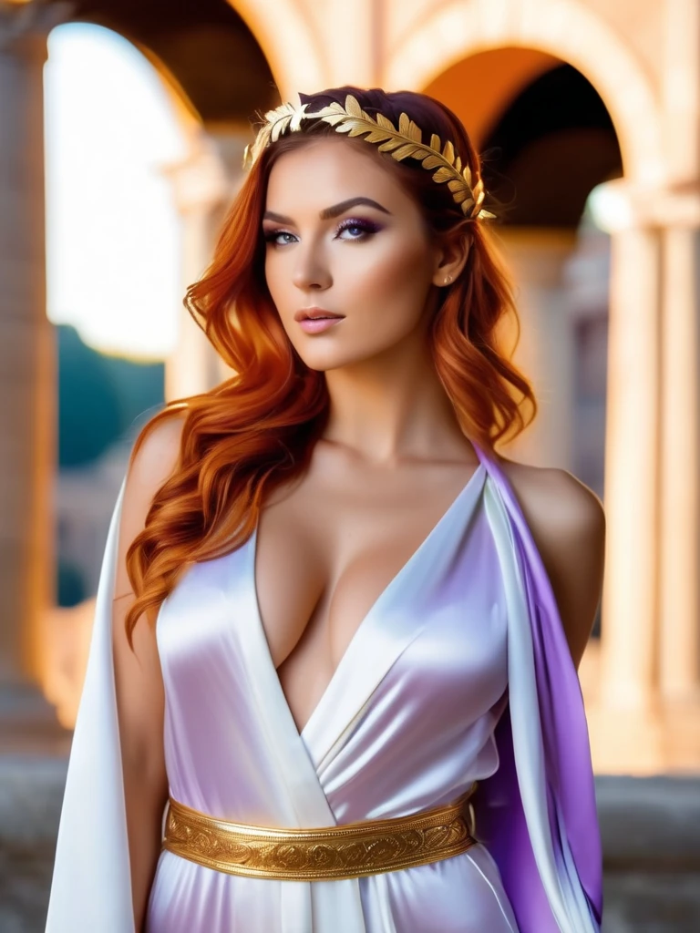 Editorial Half body portrait of a young woman in her 30s, half body photo of a sexy Roman princess. He wears a golden laurel wreath on his head and a majestic purple toga draped over one shoulder. Your expression should be wise and contemplative, with sunken eyes. In the background, the grandeur of the Roman Colosseum is shown, a lot of makeup, beautiful and perfect face, suitable body, correct anatomy, bright eyes, realistic body, photorealistic, 16k resolution, original image, high details, high image quality, focus sharp. , dynamic light, large depth of field, ((white silk robe: 1.3)), under the breast, full body view, American, human body proportion, (((giant breasts))), (orange hair , ponytail on one side), abs, thin thighs, small hips, narrow waist, ,