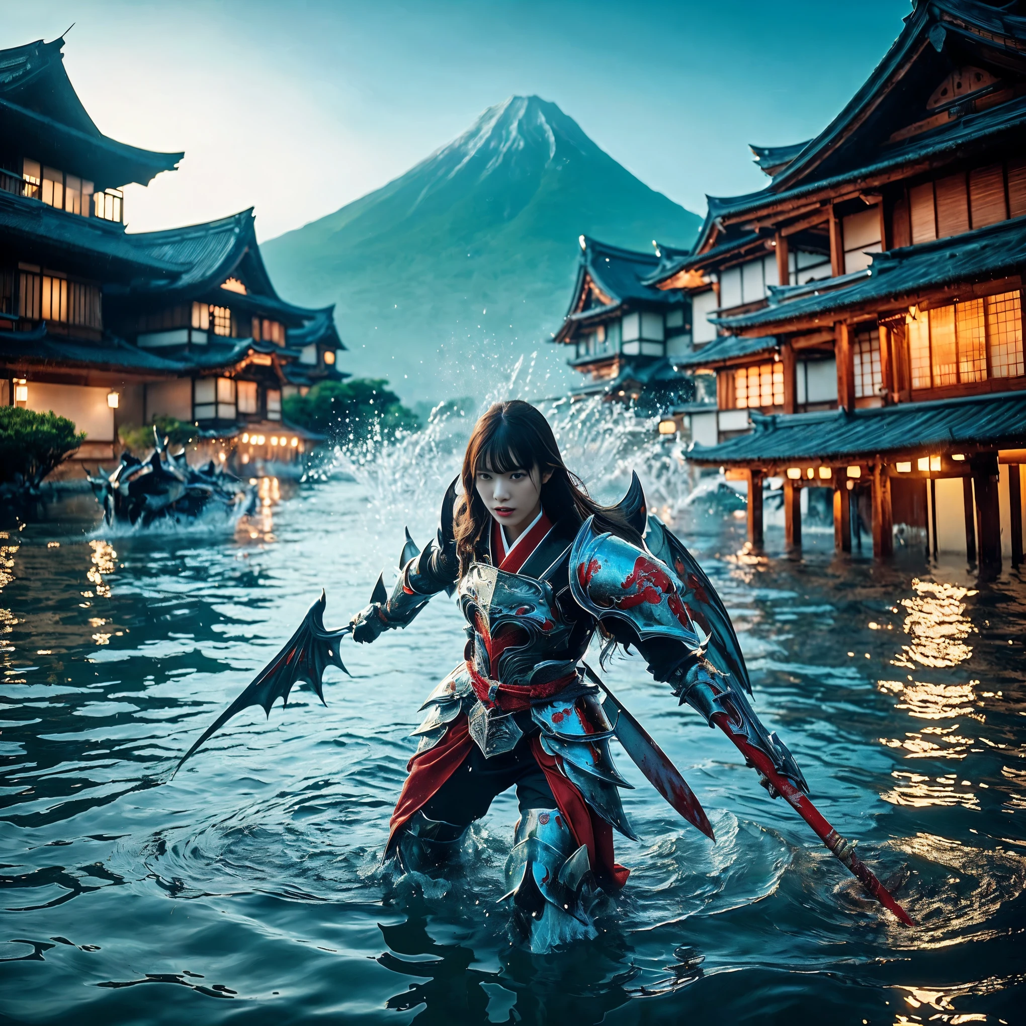Catastrophic tsunami, 300 meter tidal wave, (((Realistic, masterpiece, best quality, crisp detail, high definition, high detail, very rich detail, sharp focus, sharp detail, colorful, rich color, perfect studio lightning))), ((20 years old, beautiful goddes of water, floating, aqua color hair)),(((in the middle of war, epic war scene, attack stance))), wearing (((beautiful decorated blue heavy armor, water dragon armor, decorated full body armor, fully armored beautiful kimono, wide water diabolos wings))), (holding giant blade), (((blood everywhere, death everywhere, japan bakumatsu period, dead bodies,carcass, drowned japanese castle, catastrophic tsunami, flood, three headed water dragon, giant sea monster)) flooded traditional village background, leviathan), heavy rain,