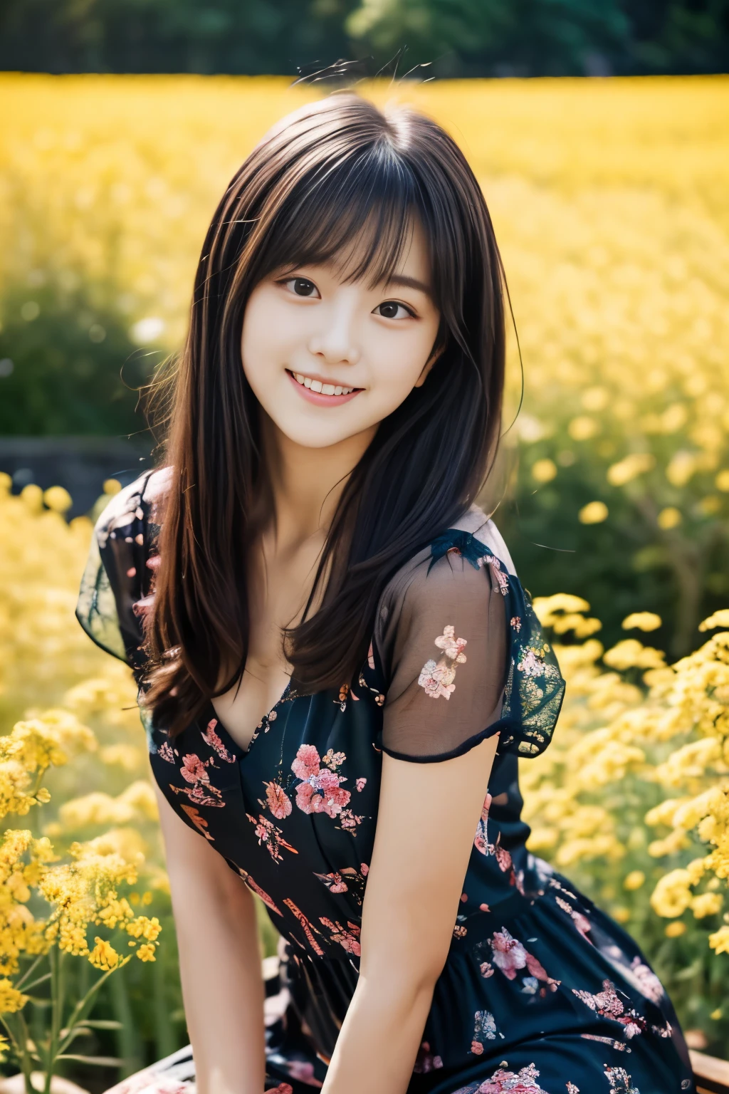 masterpiece, highest quality, 8K, 1 girl, (17 years old), teenager, smile, alone, (Super cute idol-like face:1.2), delicate girl, black hair, middle bob hair, straight hair, bangs, looking at the viewer, Frank, Sophisticated, professional lighting, film grain, whole body, beautiful figure, In the background, there are yellow rapeseed fields and rows of cherry blossom trees., (floral dress:1.2), small breasts, sitting on the bench,