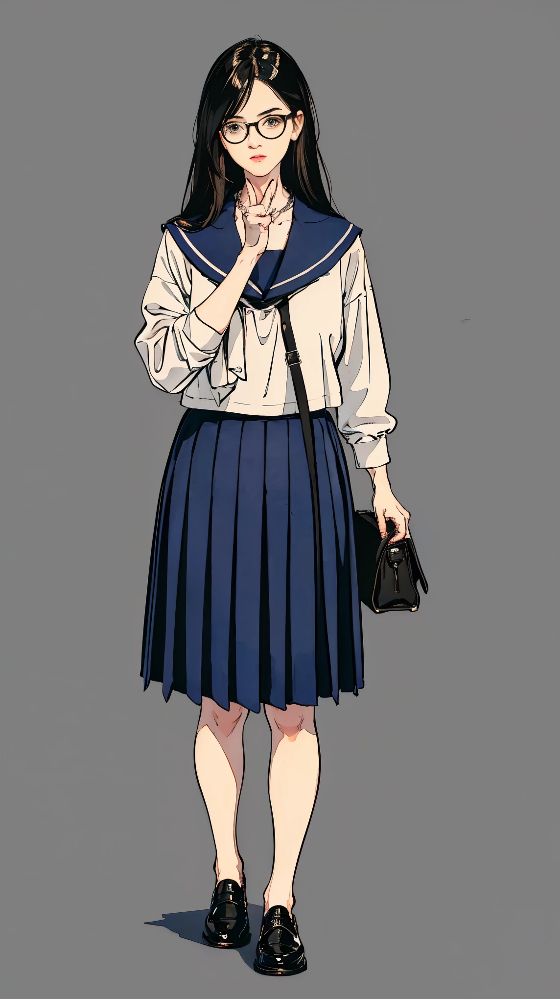 ((best quality,4k,highres,masterpiece:1.2)),((character concept art)), 1 female, age 17. Concealing her true appearance beneath a traditional Japanese high ((consisting of a bulky, navy blue sailor-style top paired with a matching pleated skirt)), she presents a persona that is distinctly nerdy. Her comfortable black loafers and white knee-high socks complete the ensemble. ((Her thick, black-framed eyeglasses and the messiness of her black hair reinforce this image)). The only accessories she carries are a school bag and a simple wristwatch. Beneath this carefully crafted exterior, her true elegance and sophistication remain hidden, waiting to be discovered. ((intricate detail)), super finely detailed hands, ultra finely detailed fingers(((ten fingers))), ((expressive eyes)), (standing casually), (full body showcase), (show full body), (no logos on background), (no logo), ((plain background)), ((plain background)), (((empty background))).