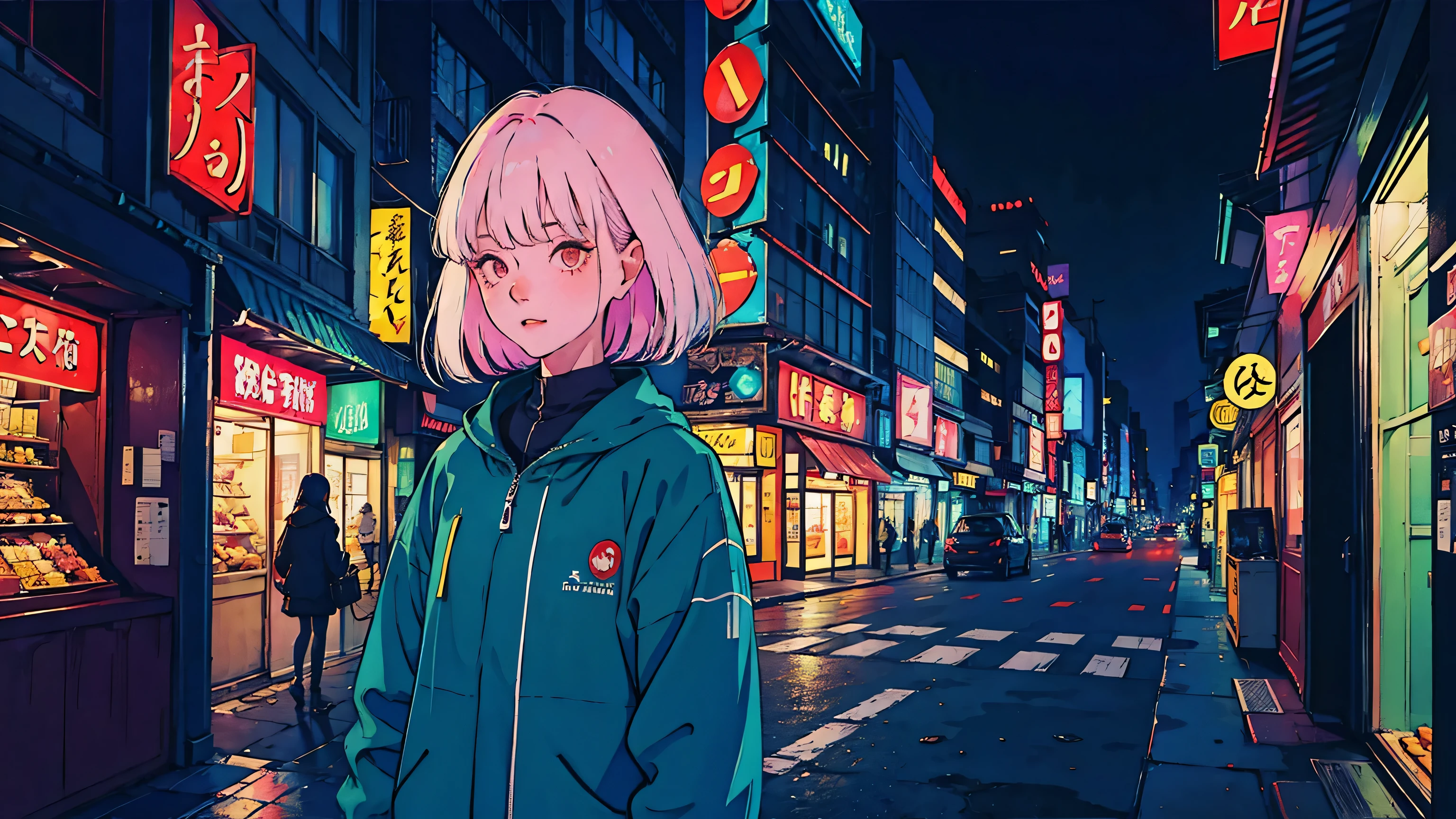 Young woman in central Tokyo, Surrounded by a sea of iridescent soap bubbles reflecting the neon lights of the city., Create a surreal and dreamy atmosphere. colorful street scene, Crimson and Amber, neon black, soft lighting, night, nighttime, realistic, solid shadow, masterpiece, best quality, convoluted, model shooting style, vintage, film grain, Incomplete details
