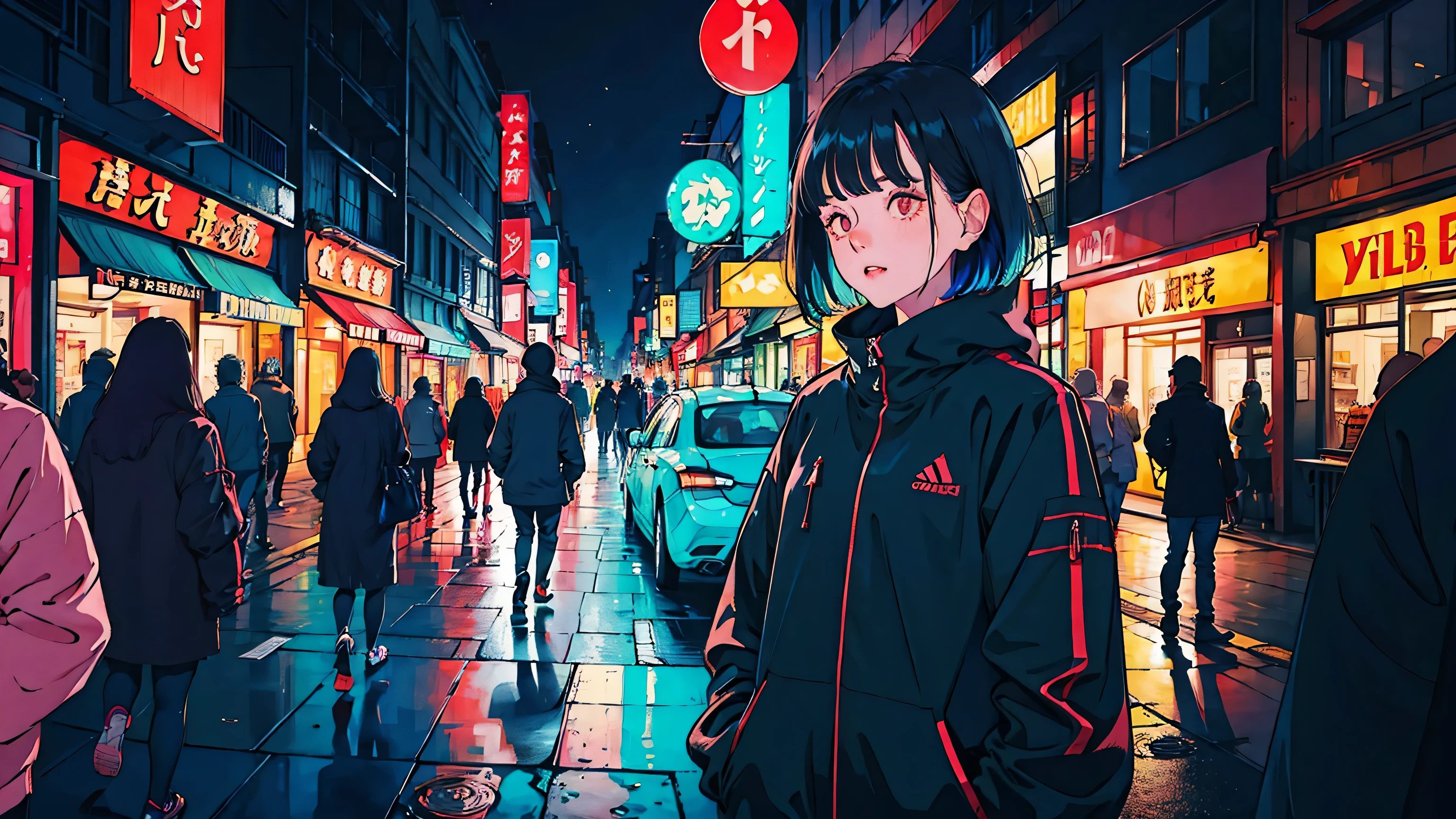 Young woman in central Tokyo, Surrounded by a sea of iridescent soap bubbles reflecting the neon lights of the city., Create a surreal and dreamy atmosphere. colorful street scene, Crimson and Amber, neon black, soft lighting, night, nighttime, realistic, solid shadow, masterpiece, best quality, convoluted, model shooting style, vintage, film grain, Incomplete details