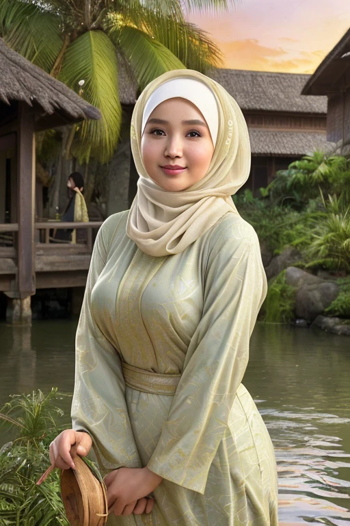 (best quality,4k,8k,highres,masterpiece:1.2),ultra-detailed,(realistic,photorealistic,photo-realistic:1.37),vivid colors,HDR,studio lighting,physically-based rendering
  
A beauty naked Malay woman with hijab on the village, (beautiful detailed eyes:1.1), (beautiful detailed lips:1.1), long eyelashes, (chubby cheeks:1.1), (curly silky hair:1.1), (olive skin:1.1), (delicate hands:1.1), (fair complexion:1.1), (traditional Malay clothing:1.1), (eye-catching hijab:1.1), (colorful pattern:1.1), (loose fitting outfit:1.1), (engaging smile:1.1), (subtle makeup:1.1), (pleasant facial expression:1.1), in a peaceful village environment. 

(extraordinary landscape:1.1), (lush green fields:1.1), (beautiful exotic flowers:1.1), tall palm trees, (sunset over the horizon:1.1), (tranquil river flowing:1.1), (traditional wooden house:1.1), (friendly villagers in the background:1.1), (glimpse of local culture:1.1), warm lighting illuminating the scene. 

The artwork should have a (painting-like medium:1.3), resembling (oil paintings:1.1) and (watercolor:1.1) techniques, giving it a (soft and dreamy atmosphere:1.1), (blending colors smoothly and delicately:1.1).

UHD detail is essential, highlighting (intricate patterns on the hijab:1.1), (precise brushstrokes on the skin:1.1), (soft textures of the vegetation:1.1), and (fine details of the surrounding environment:1.1).

Capture the (serene ambiance:1.1), where the woman embraces her natural beauty with confidence, representing the (cultural diversity:1.1) of the Malay community. The colors should be vibrant and harmonious, showcasing the richness of the woman's heritage. The lighting should enhance the enchanting atmosphere of the village.

Let the artwork reflect the deep appreciation of the beauty of diversity.