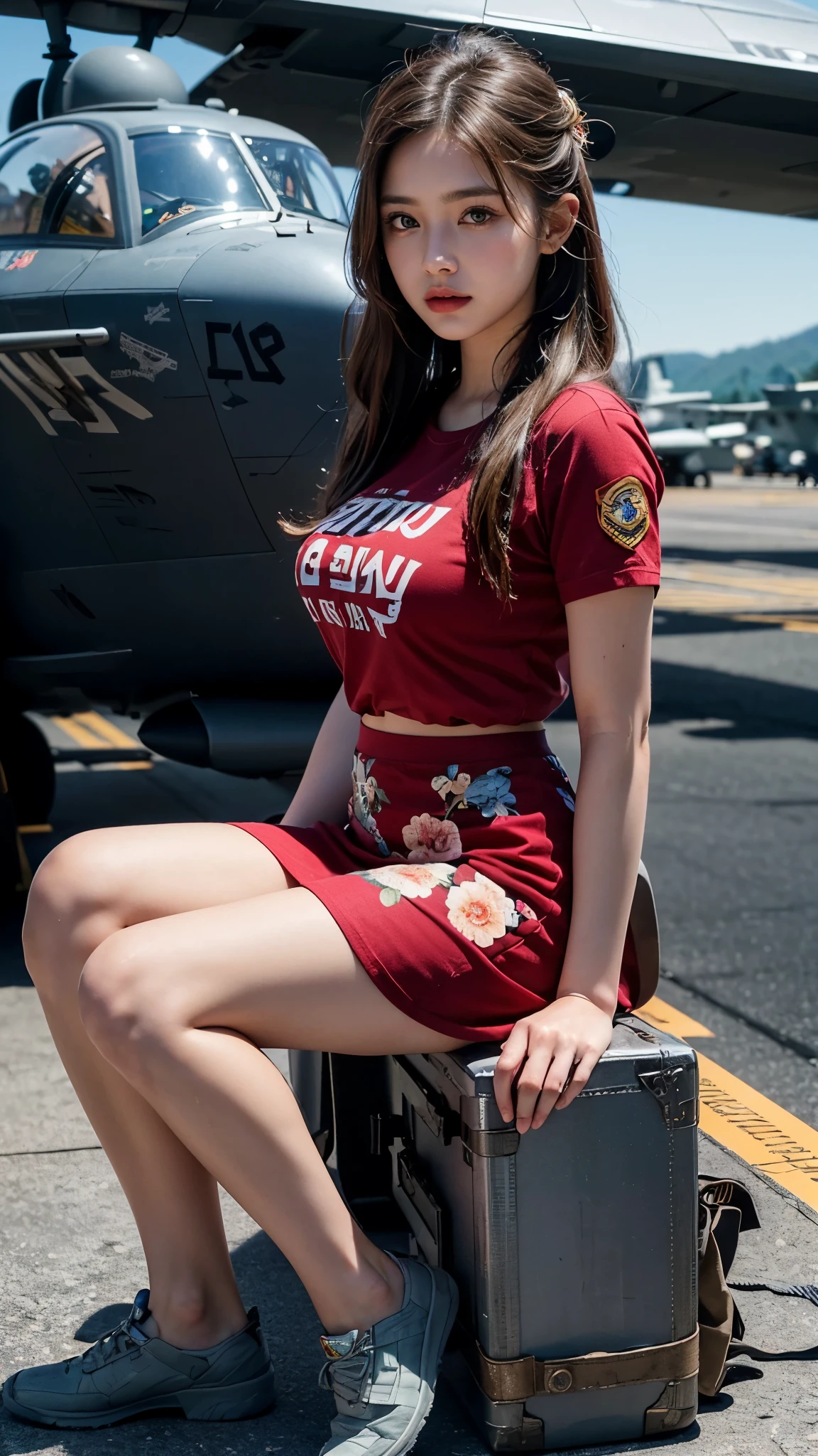 8k, highest quality, (ultra detailed:1.4), ((realistic: 1.2)), Ray Tracing , Unity 8k wallpaper, ((18 years)), a beautiful Asian girl, ((proudly stands in a Aircraft Carrier Deck)), representing her  as a Navy Pilot, ((She wears a fitted Luxury floral Red T-shirt)), ((Luxury above Knee length beautiful floral skirt)), The high-resolution image captures ultra-detailed realism, highlighting Eliana's determined expression, piercing eyes, and confident stance. The backdrop showcase Aircraft carriers, adding to the authenticity and significance of the image. This visually striking representation showcases Eliana's strength and dedication as a Navy pilot, Big ship, ((Blue sea)), (((Aircraft Carrier Deck))), Fighter Jets, Army Helicopter, Chinook Helicopter, ((Detailed face)), ((Perfect body figure)), ((Detailed hair)), ((Detailed Dress)), ((Detailed background)), ((detailed skin)), ((detailed Fighter Jets)), cute knees, Aircraft carriers, Stylish looks, Perfect Young breasts under dress, realistic Skin, Perfect Angles, Ultra Realistic, Ultra HD image Clarity, fighter Jet Helmet in Hands, Eyes are very hot looks, Ultra Realistic Face, Close up shot, ((sitting on Deck)), 