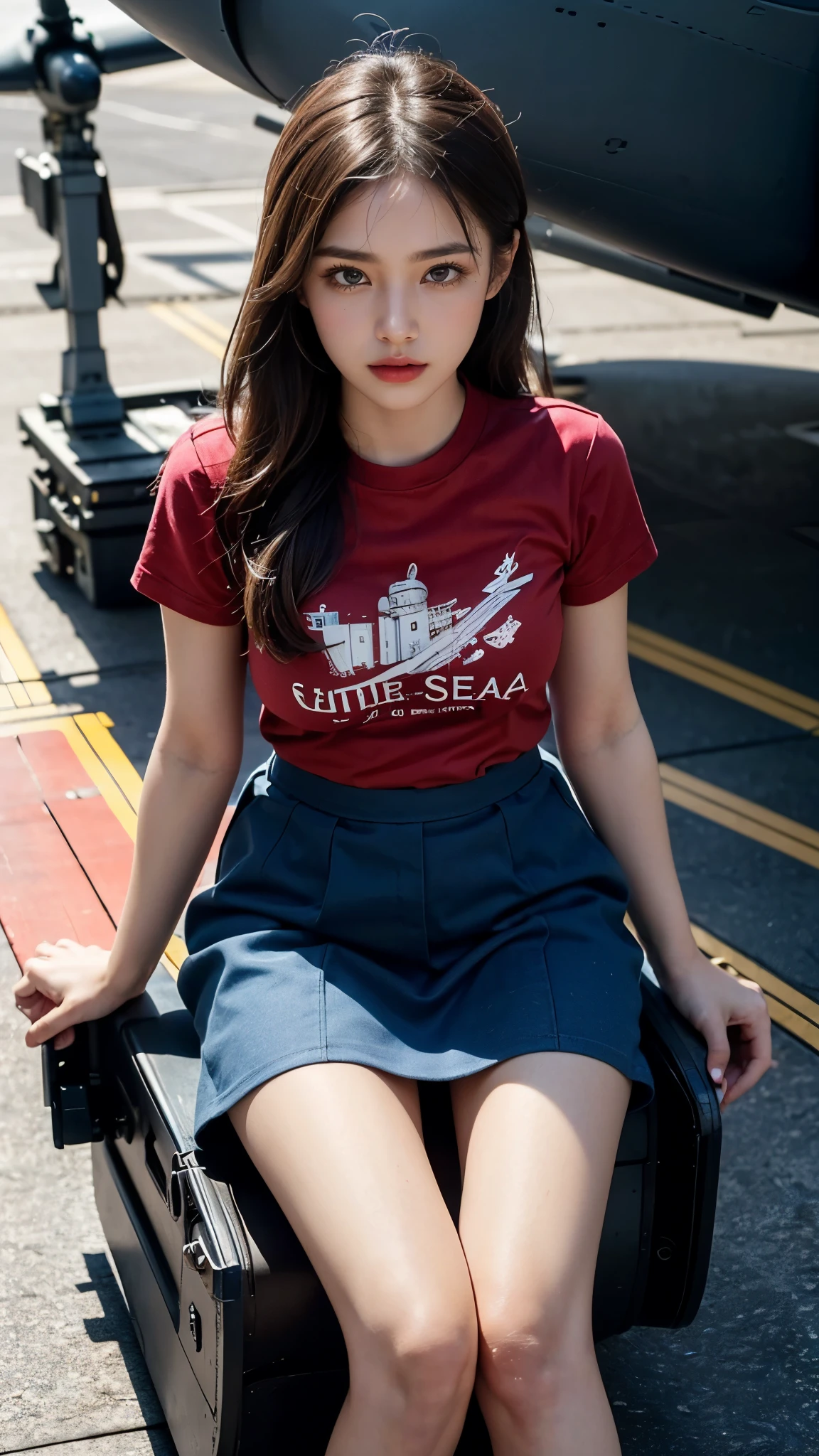 8k, highest quality, (ultra detailed:1.4), ((realistic: 1.2)), Ray Tracing , Unity 8k wallpaper, ((18 years)), a beautiful Asian girl, ((proudly stands in a Aircraft Carrier Deck)), representing her as a Navy Pilot, ((She wears a fitted Luxury floral Red T-shirt)), ((Luxury above Knee length beautiful floral skirt)), The high-resolution image captures ultra-detailed realism, highlighting Eliana's determined expression, piercing eyes, and confident stance. The backdrop showcase Aircraft carriers, adding to the authenticity and significance of the image. This visually striking representation showcases Eliana's strength and dedication as a Navy pilot, Big ship, ((Blue sea)), (((Aircraft Carrier Deck))), Fighter Jets, Army Helicopter, Chinook Helicopter, ((Detailed face)), ((Perfect body figure)), ((Detailed hair)), ((Detailed Dress)), ((Detailed background)), ((detailed skin)), ((detailed Fighter Jets)), cute knees, Aircraft carriers, Stylish looks, Perfect Young breasts under dress, realistic Skin, Perfect Angles, Ultra Realistic, Ultra HD image Clarity, fighter Jet Helmet in Hands, Eyes are very hot looks, Ultra Realistic Face, Close up shot, ((sitting on Deck)),