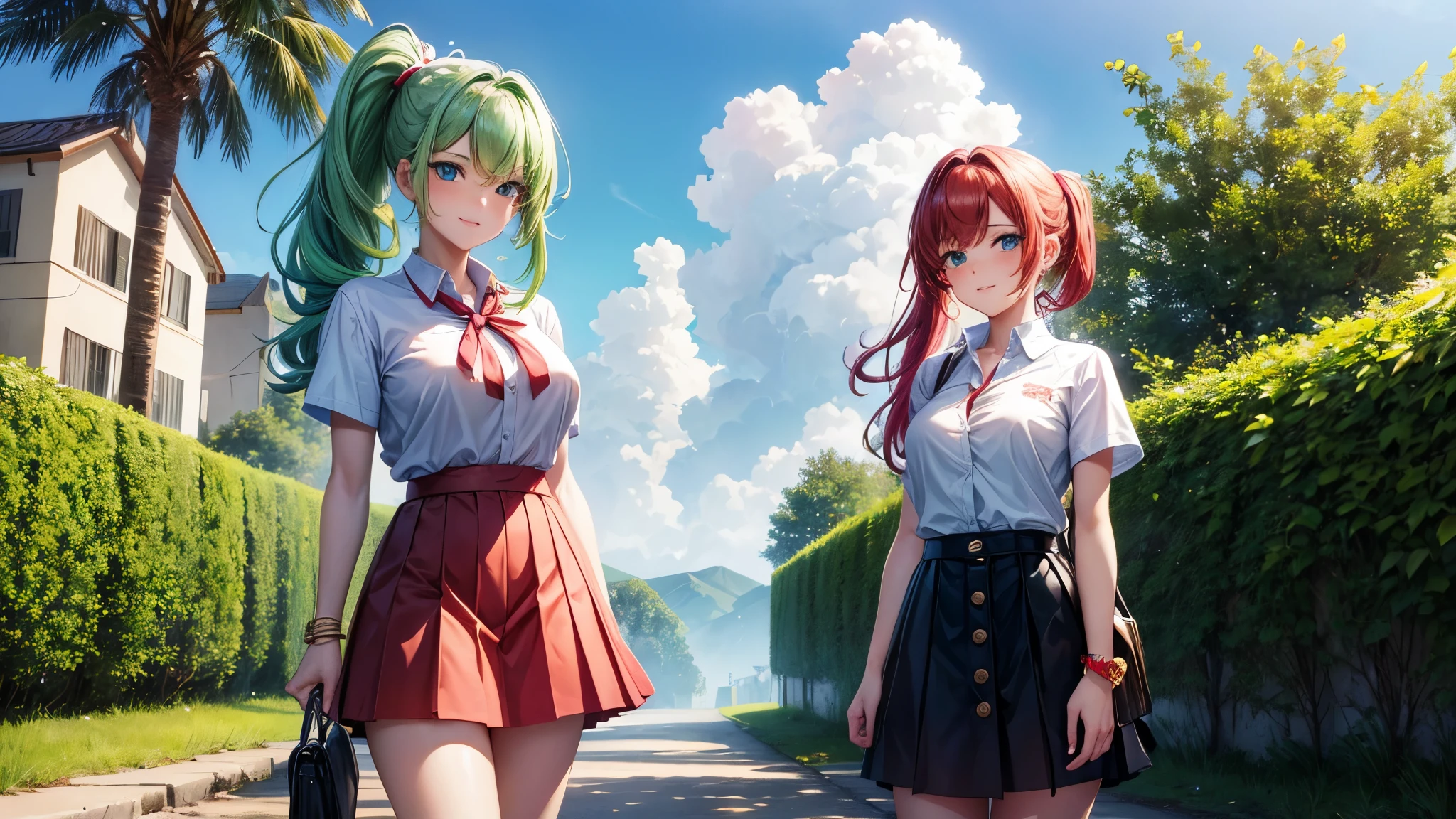 1girl, summer, village, trees, sun, clouds, ((colorful hair)), ponytail, large breasts, button down, blue eyes, ((red, white and green shirt)), ((unbuttoned shirt)), unbuttoning buttons, ((short sleeved shirt)), black mini skirt, brown shoes, grin, looking at the viewer, standing, red, white and green hair ribbon, ((golden necklate))