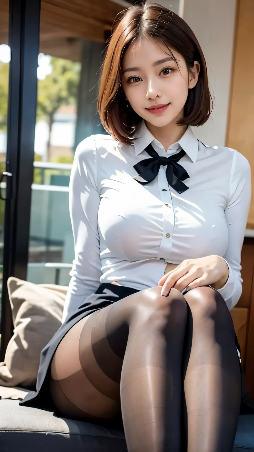 (8K, highest quality, masterpiece:1.2), (actual, realistic:1.37), Super detailed,
1 girl,Lovely, alone,beautiful and detailed sky,Cafe details,sitting,abolition,(smile:1.15),(please shut your mouth) small breasts,beautiful and delicate eyes,(collared shirt:1.1), white shirt, pleated skirt,black领,black,white lace, beautiful feet,(super realistic pantyhose:1.3), button suddenly opens
(Short hair details:1.2),flowing hair ,new frog style,,white skin,light,Bedroom,bedridden
