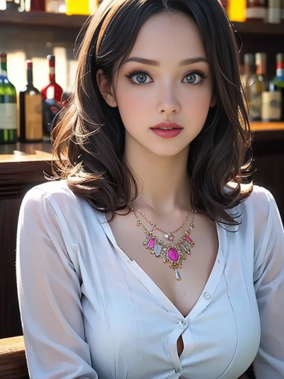 (best quality, 8k, highres, photorealistic:2.0), (solo, one girl:2.0),(pin up girl:1.5),(photo taken using flash:1.9),(brighten the subject:1.8),(Photographed at an upscale bar:2.0),(Chubby body girl:1.5),(shiny skin:1.5),(oily skin:1.5),(blonde woman:1.8),(long hair:1.5),(ultimate beautiful girl),(cool beauty girl:1.5),(fat body girl),(plump woman:1.5),(Kind hearted woman),(very kind lady),(caring woman),(attentive woman),(very elegant woman:1.3),Blush brown makeup , dark eye makeup ,pink lipstick,(big beady eyes girl:1.3),(droopy-eyes woman:1.3),(blue eyes girl:1.3),(intense ??? appeal:1.??????pensive necklace:1.5),(?????????? girl),(amazing ?????? ???????:1.7),(She makes a ???? bold pose),(?????? women:1.5),chuuChloe,(she is very skilled in ???),(she has a very happy expression on her face:1.5),(Brightly light the subject's face),(very tight shirt),(sheer shirt:1.5),(very soft ???????),(??????? ????? inside clothes:1.15),(spilling ???????)