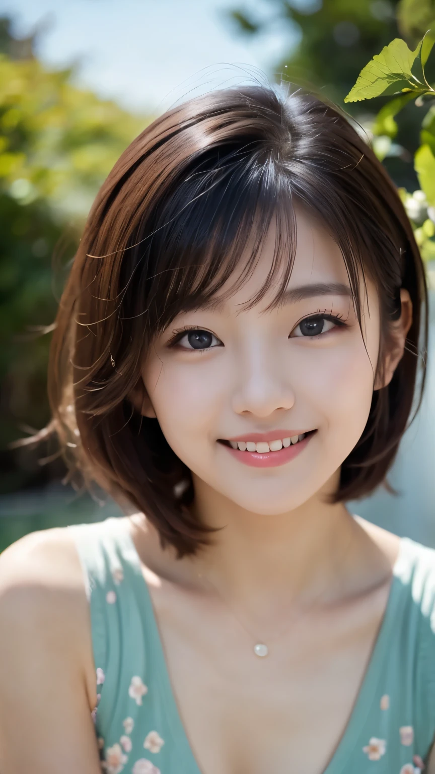 ulzzang-6500-v1.1, (Raw photo:1.2), (Photoreal), (See-through:1.3), (genuine:1.4), (muste piece:1.3), Beautiful and delicate portrait of a playful cute girl with boyish short hair, black hair, emerald green sea, naughty smile, dancing petals, (highest quality, masterpiece, Super realistic) And petals floating in the background