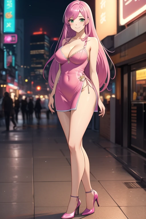 1 girl, 19 years old, Long pink hair, green eyes with slit pupils, master-piece, best quality, (standing up), (pink dress), (tight short pink dress, pink heels, cleavage),  (Big , ultra gigantic , Super super big, Glamorous body), Make eye contact with the camera, front figure, looking forward, (light_Smile:1.5), (Detailed hands and fingers:1.2) (Cyberpunk City), (FULL BODYSHOT), thighs thighs thighs thighs、beauty legs、