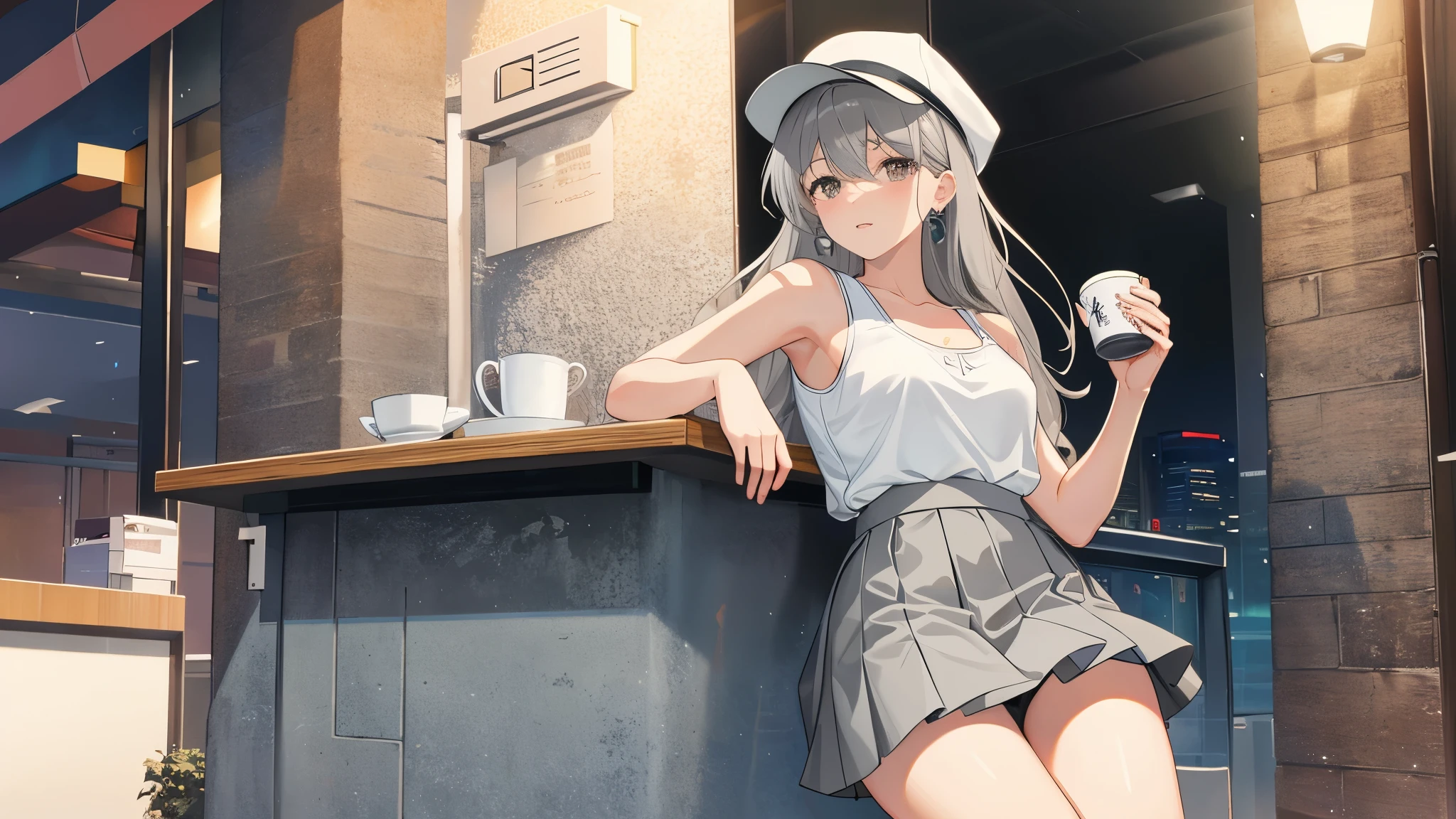 masterpiece, high quality, 最high quality, beautiful, hd, perfect lighting, detailed face, detailed body, 1 girl, alone, (long gray hair), brown eyes, medium breasts, ((white underwear)), ((short gray skirt)), (gray hat), in front of the cafe,