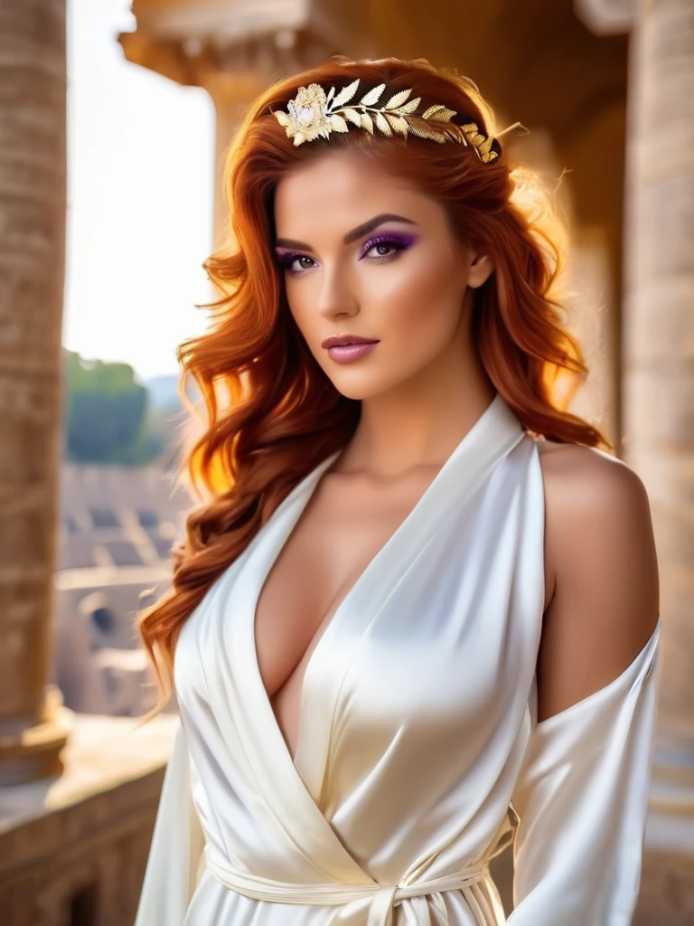 Editorial Half body portrait of a young woman in her 30s, half body photo of a sexy Roman princess. He wears a golden laurel wreath on his head and a majestic purple toga draped over one shoulder. Your expression should be wise and contemplative, with sunken eyes. In the background, the grandeur of the Roman Colosseum is shown, a lot of makeup, beautiful and perfect face, suitable body, correct anatomy, bright eyes, realistic body, photorealistic, 16k resolution, original image, high details, high image quality, focus sharp. , dynamic light, large depth of field, ((white silk robe: 1.3)), under the breast, full body view, American, human body proportion, (((giant breasts))), (orange hair , ponytail on one side), abs, thin thighs, small hips, narrow waist, ,