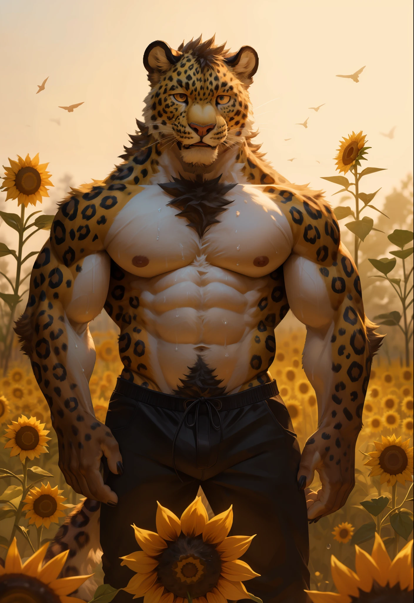 there is a Leopard standing in a field of sunflowers, super buff and cool, fluffy fur, SFW, (Naked:1.2), Naked, massive penis, huge balls, topless, fluffy chest, Sexybody, muscular, anthropomorphic, extra detailed body, detailed body, Best quality, masterpiece, ultra high res,detailed background,realistic, real shadow and light,depth of field, (view from beside), details skin, fluffy, bad boy, summer, sunflower, mouth open, hot weather, sweaty, huge crotch, huge package, Leopard.