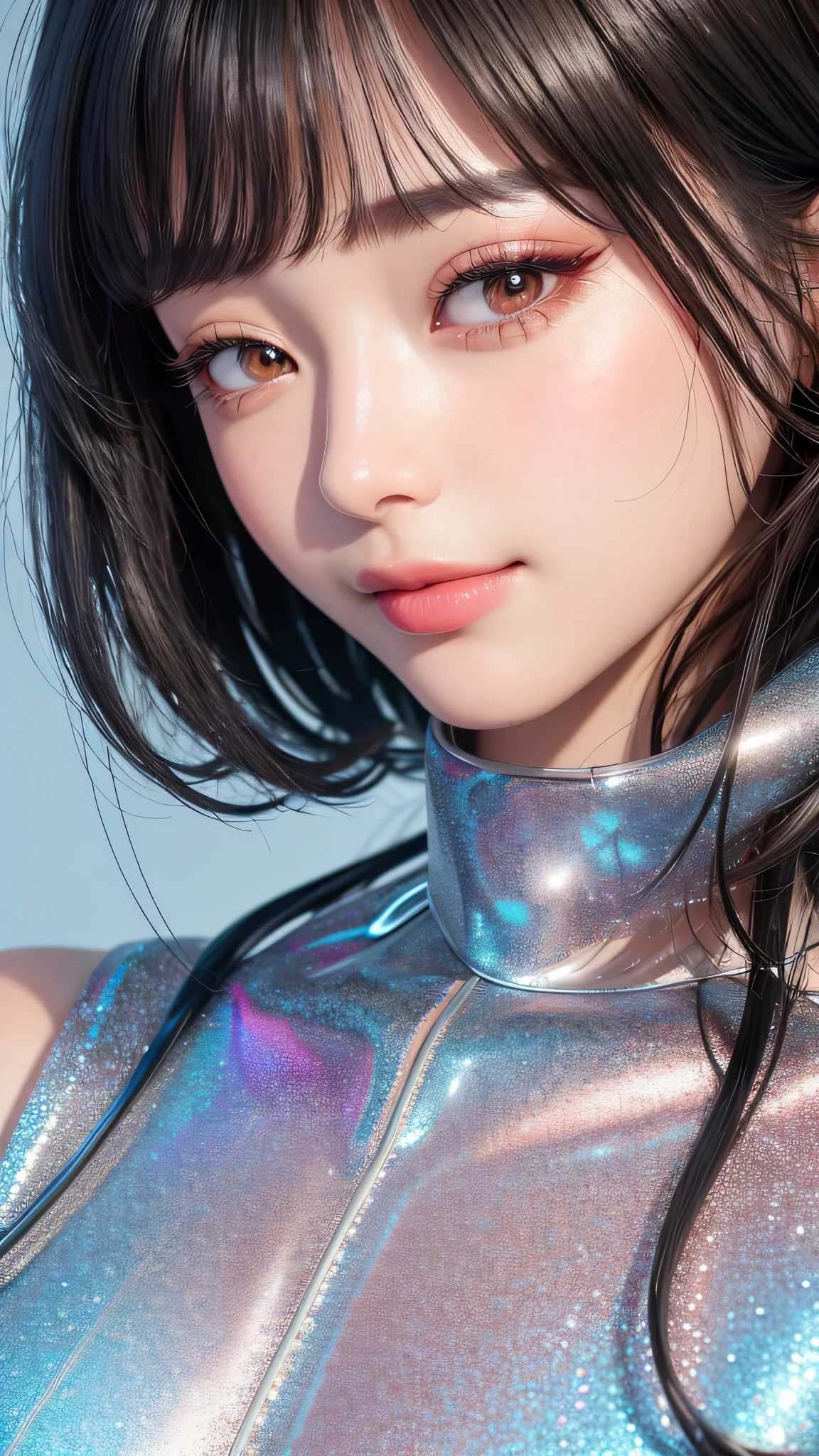 (((Perfect girl portrait shoot))), ((Extremely long curly fluorescent cyberpunk hair)), Best image quality, Masterpiece, Super high resolution, (Fidelity:1.4), Photo, (((1 girl))), Movie, (Translucent futuristic clothing and costumes:1.5), (Translucent clothes:1.4), ((Cyberpunk)), cyber outfit, ((robot)), Futuristic, (((Oversized hanging breasts))), ((Perfect and distinct facial features)), ((Portrait)), (((dynamic shot))), ((Perfect body)), ((Award-winning ultra-realistic photos)), (((Extremely tight reflective translucent latex))), Pastel textured colored background, Colourful, vibrant, ((Gorgeous perfect color reflective eyes)), (Spherical flying robot)), collarbone, facing to camera,NVIDIA RTX,low ISO, dim background,blue hair,light blue hair,cyan hair,neon hair,