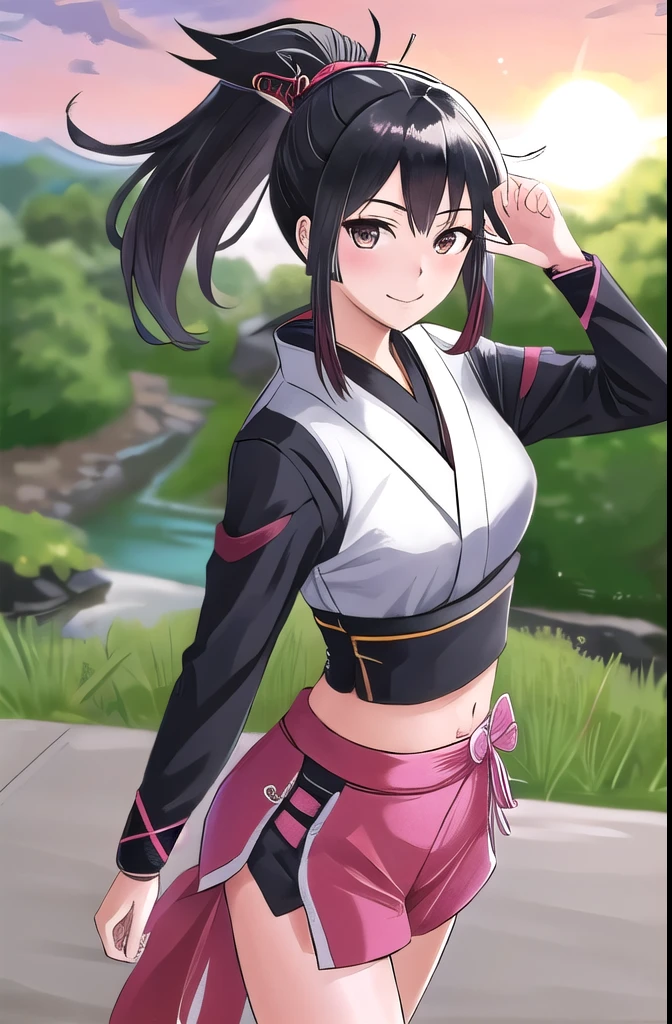 best quality, detailed, solo, looking at viewer, Kunoichi, samurai warriors, cowboy shot, blush, happy, black top, full body, wind, ponytail, black hair, perfect anatomy, Japan, flowers, trees, river, sun, female ninja, midriff