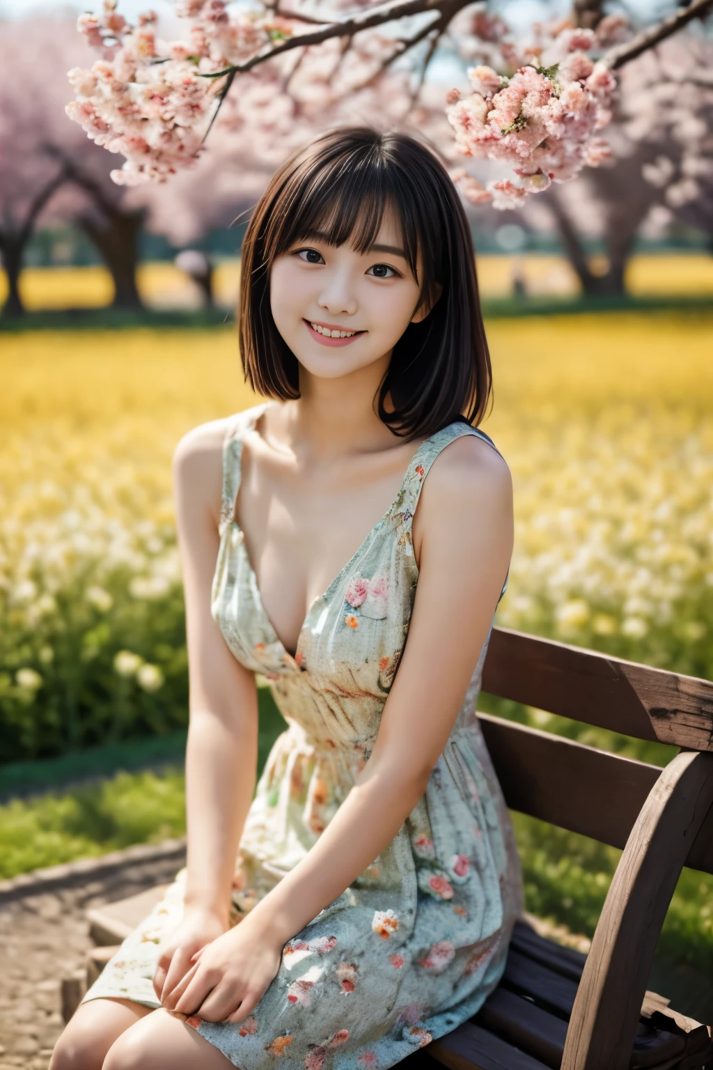 masterpiece, highest quality, 8K, 1 girl, (), teenager, smile, alone, (Super cute idol-like face:1.2), delicate girl, black hair, middle bob hair, straight hair, bangs, looking at the viewer, Frank, Sophisticated, professional lighting, film grain, whole body, beautiful figure, In the background, there are yellow rapeseed fields and rows of cherry blossom trees., (floral dress:1.2), small breasts, sitting on the bench,