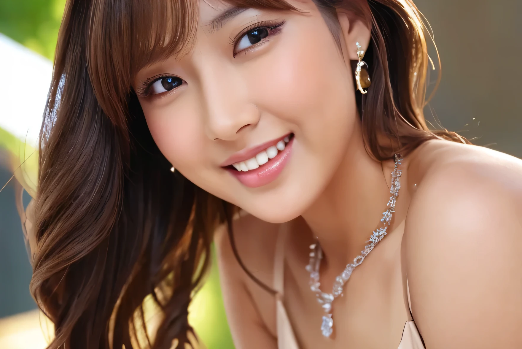 young、beautiful、female announcer、shaped face contour、long hair、brown hair、Fine iris、erotic face、glowing skin、juicy lips、an open seductive smile、thick eyelashes、earrings、hair ornaments、blush、black mini skirt、necklace、perfect lighting、perfect shadow、perfect anatomy