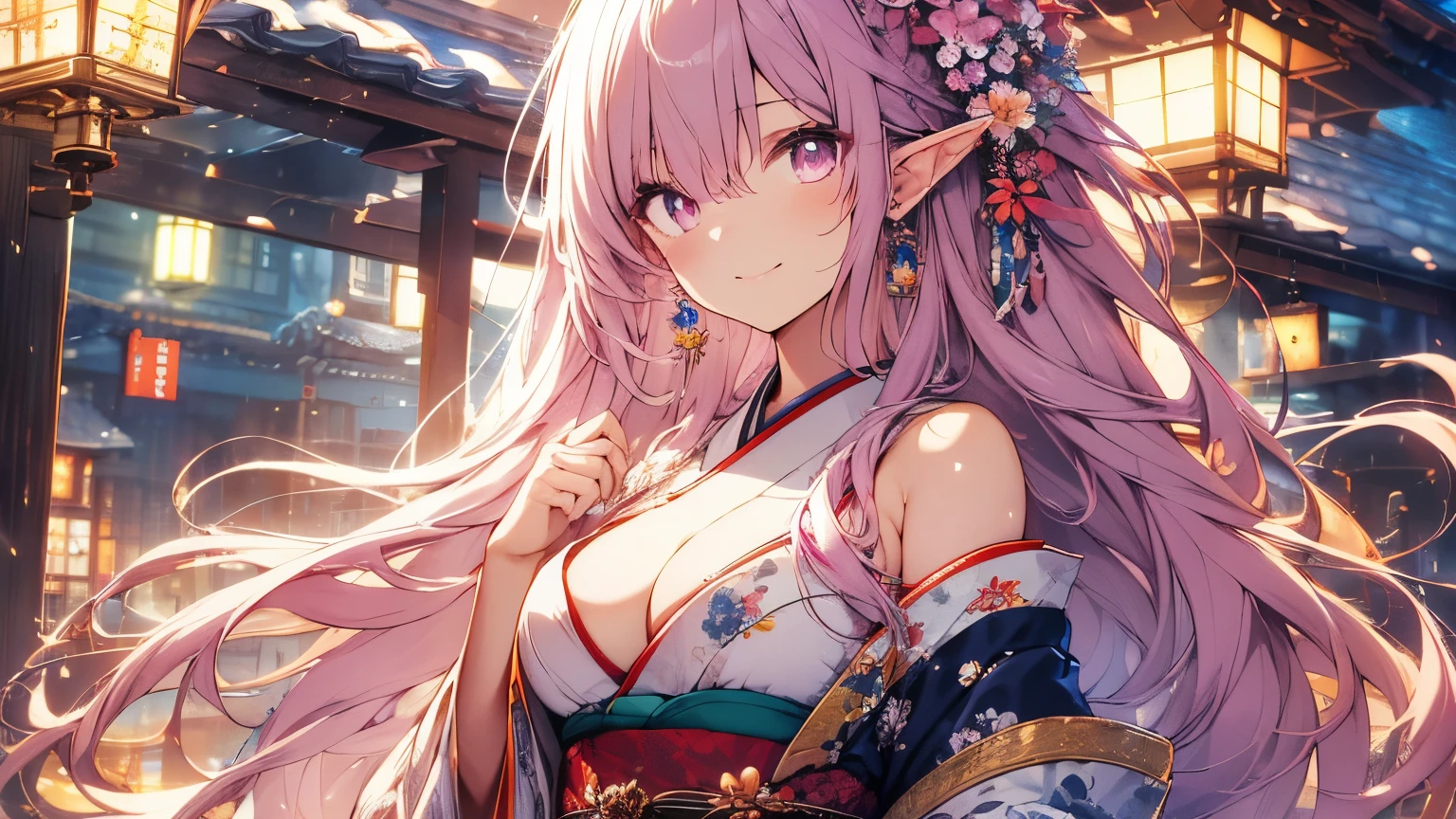 pink hair, bangs, hair behind ear, long hair, kanzashi, eye reflection, longeyelashes, earrings, light smile, bright pupils, anime style, first-person view, textured skin, masterpiece, high details, best quality, Elf woman, wearing traditional Japanese costume, large breasts, floral embroidery, Japanese style, bare breasts, white shoulders