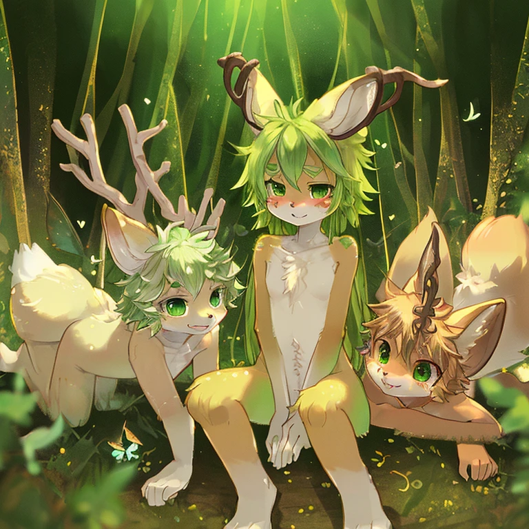 Fennec fox,deer antlers,green-eyed,There are green butterfly marks on the forehead,Light green hair