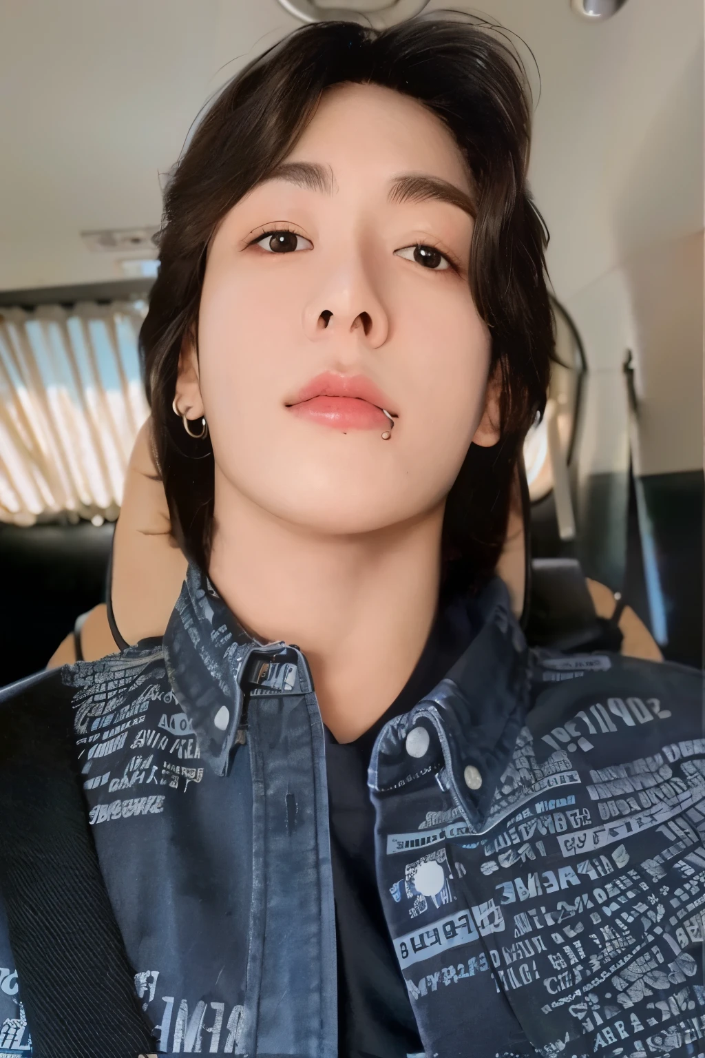 a closeup of a person in a car wearing a denim jacket, Cai Xu Kun, jinyoung shin, Jung Jaehyun, hyung tae, kim taejin, jungkook, kim doyoung, pintar ulzzang, foto de perfil, xqc, Hong June Hyung, steven jung, Jimin\his right eyelid is swollen, taken in the early 2020s