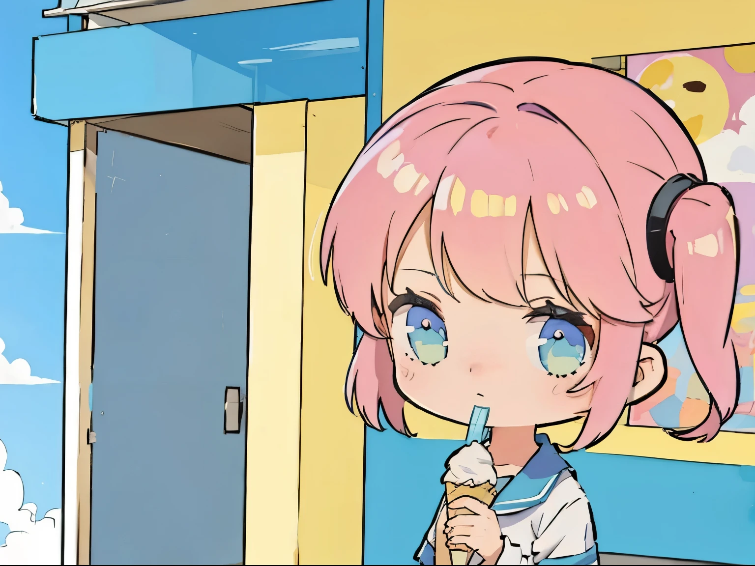 ​masterpiece, top-quality, Pop illustrations, Pop colors, Pastel tones, PastelColors, flats, 2 high school girls, Chibi, After school,Eat while walking, Triple Scoop Ice Cream, Sounds like fun, finely detailed background