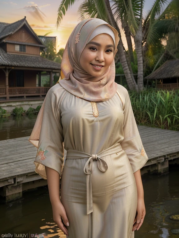 (best quality,4k,8k,highres,masterpiece:1.2),ultra-detailed,(realistic,photorealistic,photo-realistic:1.37),vivid colors,HDR,studio lighting,physically-based rendering
A beauty naked Malay woman with hijab on the village, (beautiful detailed eyes:1.1), (beautiful detailed lips:1.1), long eyelashes, (chubby cheeks:1.1), (curly silky hair:1.1), (olive skin:1.1), (delicate hands:1.1), (fair complexion:1.1), (traditional Malay clothing:1.1), (eye-catching hijab:1.1), (colorful pattern:1.1), (loose fitting outfit:1.1), (engaging smile:1.1), (subtle makeup:1.1), (pleasant facial expression:1.1), in a peaceful village environment.
(extraordinary landscape:1.1), (lush green fields:1.1), (beautiful exotic flowers:1.1), tall palm trees, (sunset over the horizon:1.1), (tranquil river flowing:1.1), (traditional wooden house:1.1), (friendly villagers in the background:1.1), (glimpse of local culture:1.1), warm lighting illuminating the scene.
The artwork should have a (painting-like medium:1.3), resembling (oil paintings:1.1) and (watercolor:1.1) techniques, giving it a (soft and dreamy atmosphere:1.1), (blending colors smoothly and delicately:1.1).
UHD detail is essential, highlighting (intricate patterns on the hijab:1.1), (precise brushstrokes on the skin:1.1), (soft textures of the vegetation:1.1), and (fine details of the surrounding environment:1.1).
Capture the (serene ambiance:1.1), where the woman embraces her natural beauty with confidence, representing the (cultural diversity:1.1) of the Malay community. The colors should be vibrant and harmonious, showcasing the richness of the woman's heritage. The lighting should enhance the enchanting atmosphere of the village.
Let the artwork reflect the deep appreciation of the beauty of diversity.