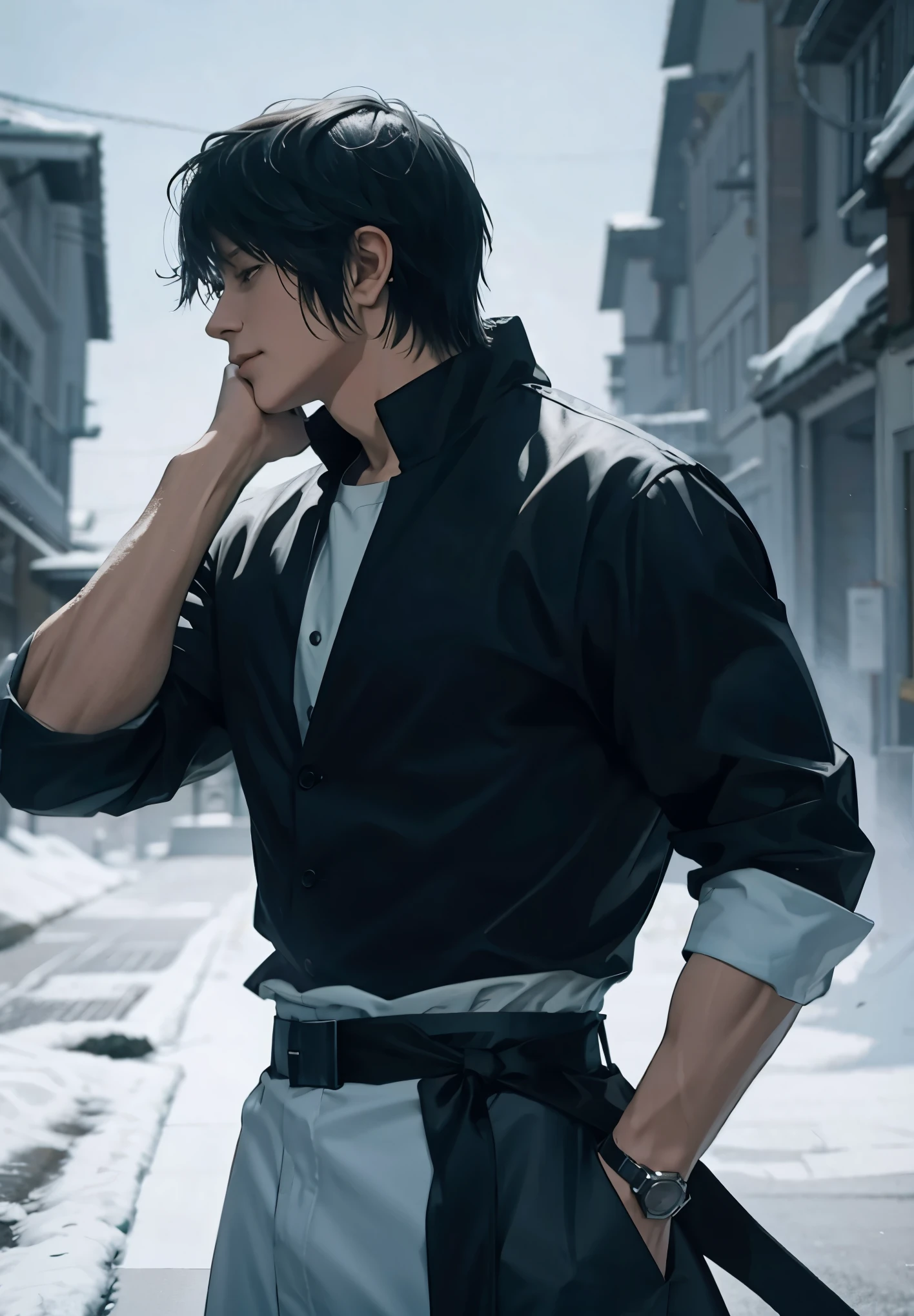 (majestuoso, impresionante, Exquisito:1.3),toji fushiguro, in profile, short sword, one hand in the pocket