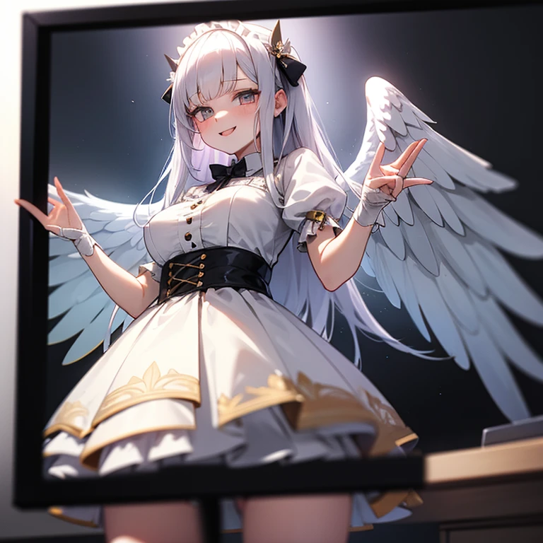 a robotic angel (Based on a lovely woman, sheer white airy gown, obvious mechanical sections and joints, neon high lights and indicator lights, angel wings with rainbow colored feathers) is posing on a futuristic stage, the phone number to order her is printed along the bottom f the screen (show her from head to toe, show her entire body, show all of her)