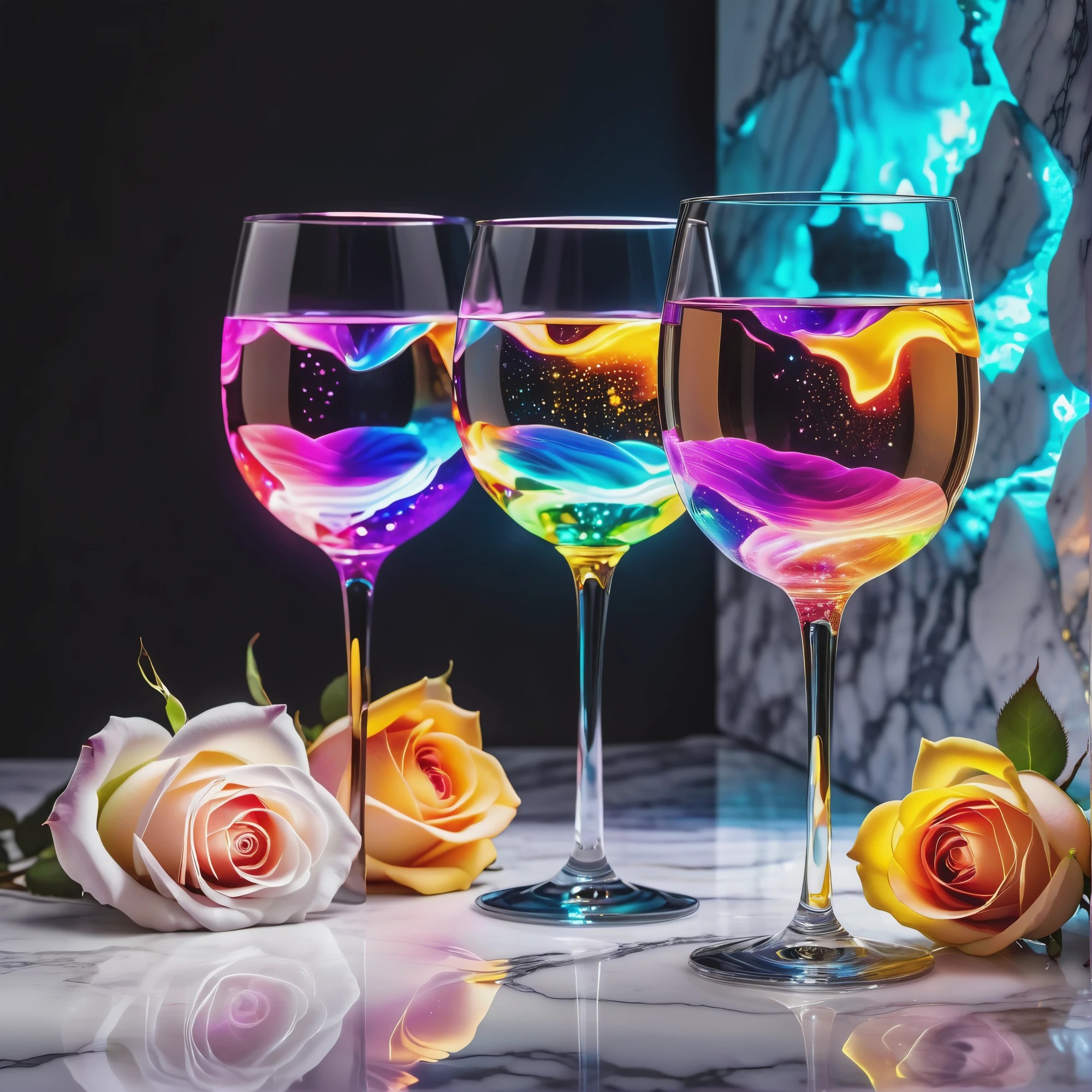 photography style,2 glasses on a white marble table, bioluminescent,colorfull, glow, fluid, glowing, Appetizing, professional, culinary, high-resolution, commercial, highly detailed,neon hue, full of color, 1 white rose between glasses, sunlite background, radiant sunlight, 8k