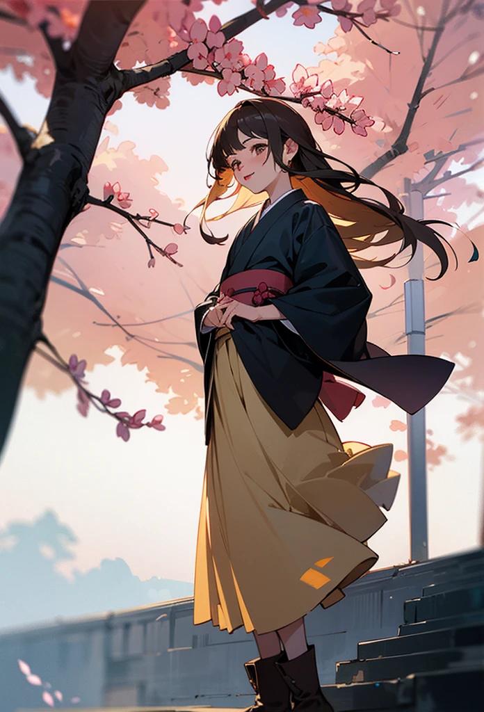 photo realistic, (masterpiece, best quality), 1girl,cute,,japanese Taisho-era school girl wearing a kimono(cherry blossom pattern kimono) and long skirt(navy skirt) and brown boots,long straight hair,eyes with large brown irises, small mouth, fresh lips, smiling,cherry blossom tree avenue,looking tree, intricate details, depth of field,beautiful lighting, volumetric lighting, (photographic portrait), sharp,