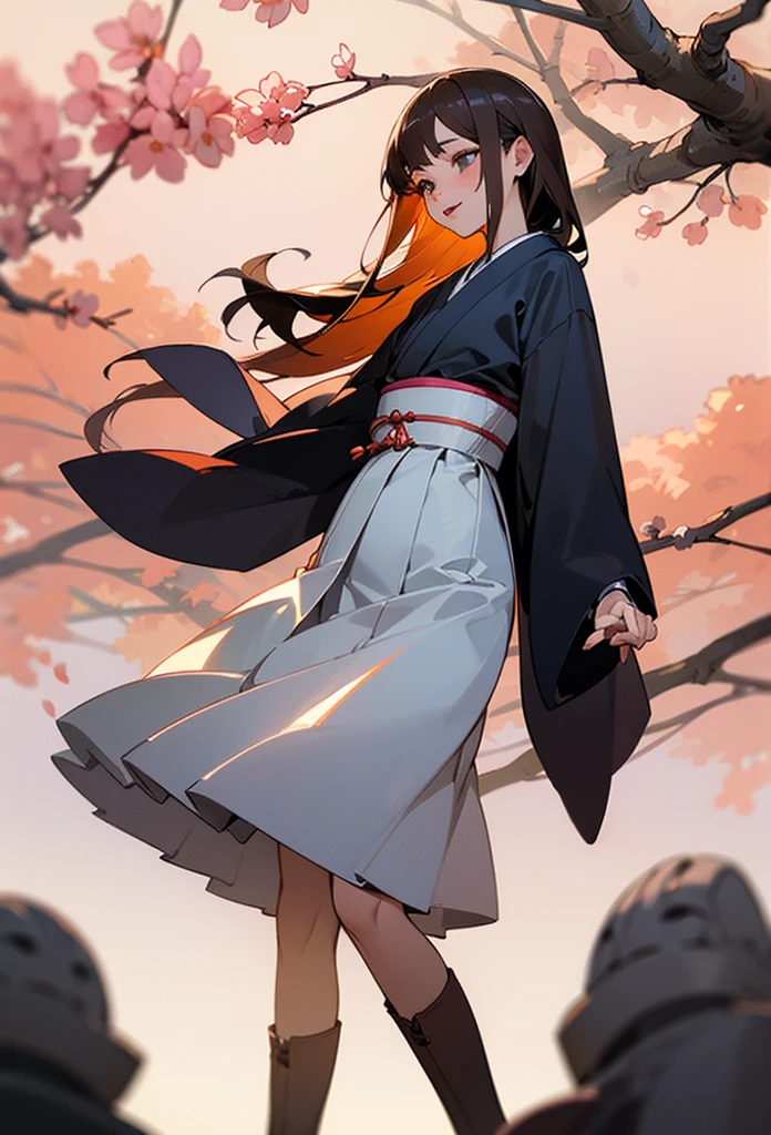 photo realistic, (masterpiece, best quality), 1girl,cute,baby face,japanese Taisho-era school girl wearing a kimono(cherry blossom pattern kimono) and long skirt(navy skirt) and brown boots,long straight hair,eyes with large brown irises, small mouth, fresh lips, smiling,cherry blossom tree avenue,looking tree, intricate details, depth of field,beautiful lighting, volumetric lighting, (photographic portrait), sharp,