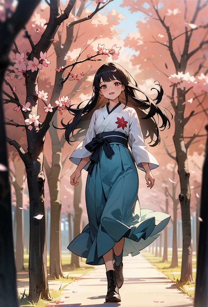 100% face preserved, wearing a Japanese school girl's dress, standing on the grass, flowers. smiling with open teeth, 4k image