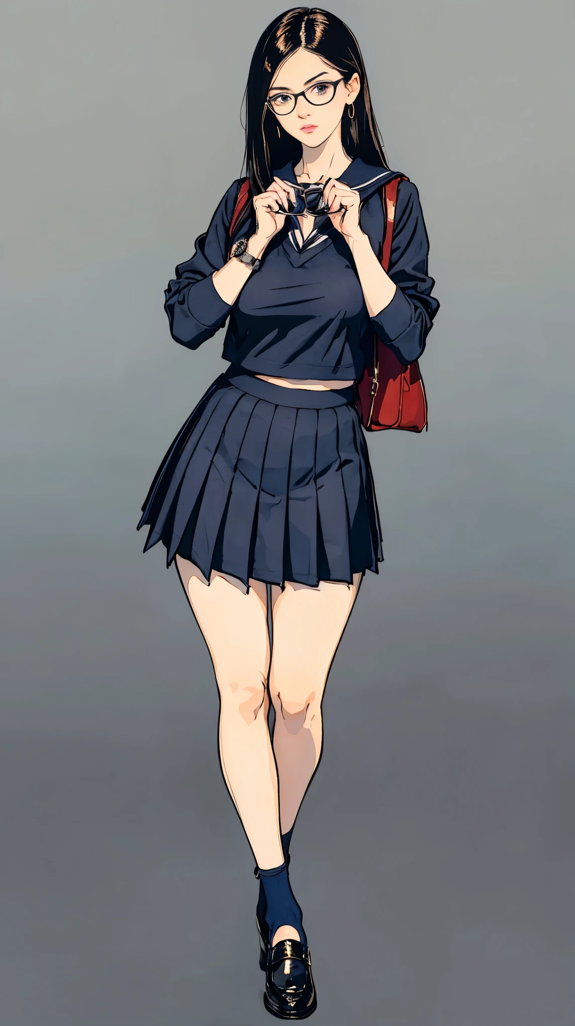 ((best quality,4k,highres,masterpiece:1.2)),((character concept art)), 1 female, . Concealing her true appearance beneath a traditional Japanese high ((consisting of a bulky, navy blue sailor-style top paired with a matching pleated skirt)), she presents a persona that is distinctly nerdy. Her comfortable black loafers and white knee-high socks complete the ensemble. ((Her thick, black-framed eyeglasses and the messiness of her black hair reinforce this image)). The only accessories she carries are a school bag and a simple wristwatch. Beneath this carefully crafted exterior, her true elegance and sophistication remain hidden, waiting to be discovered. ((intricate detail)), super finely detailed hands, ultra finely detailed fingers(((ten fingers))), (standing casually), (full body showcase), (show full body), (no logos on background), (no logo), ((plain background)), ((plain background)), (((empty background))).