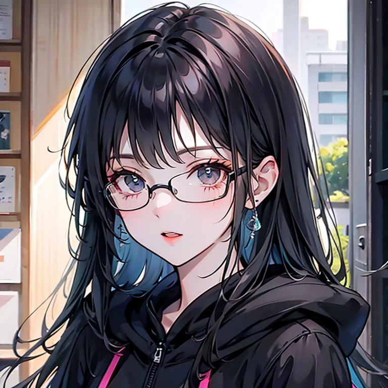 Black haired girl with black glasses wearing a hoodie