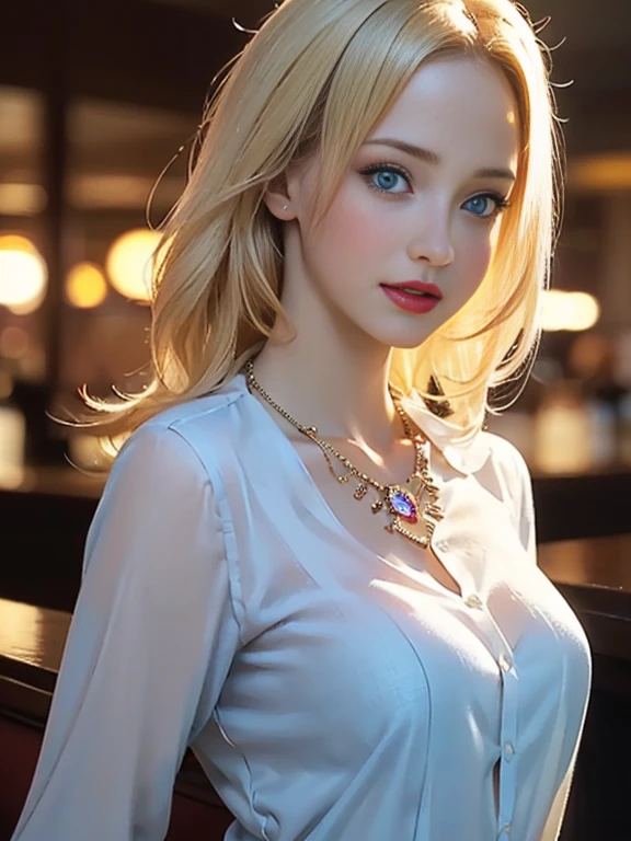 (best quality, 8k, highres, photorealistic:2.0), (solo, one girl:2.0),(pin up girl:1.5),(photo taken using flash:1.9),(brighten the subject:1.8),(Photographed at an upscale bar:2.0),(Chubby body girl:1.5),(shiny skin:1.5),(oily skin:1.5),(blonde woman:1.8),(long hair:1.5),(ultimate beautiful girl),(cool beauty girl:1.5),(fat body girl),(plump woman:1.5),(Kind hearted woman),(very kind lady),(caring woman),(attentive woman),(very elegant woman:1.3),Blush brown makeup , dark eye makeup ,pink lipstick,(big beady eyes girl:1.3),(droopy-eyes woman:1.3),(blue eyes girl:1.3),(intense sex appeal:1.5),(expensive necklace:1.5),(prostitute girl),(amazing orgasm ecstasy),(She makes a sexy bold pose),(carnal women:1.5),chuuChloe,(she is very skilled in sex),(she has a very happy expression on her face:1.5),(Brightly light the subject's face),(very tight shirt),(sheer shirt:1.5)