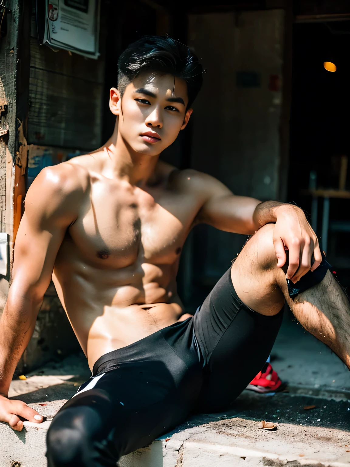 Realistic photography, The most handsome Thai man ,bare ,Sitting with legs open ,sportsperson ,Wear football pants