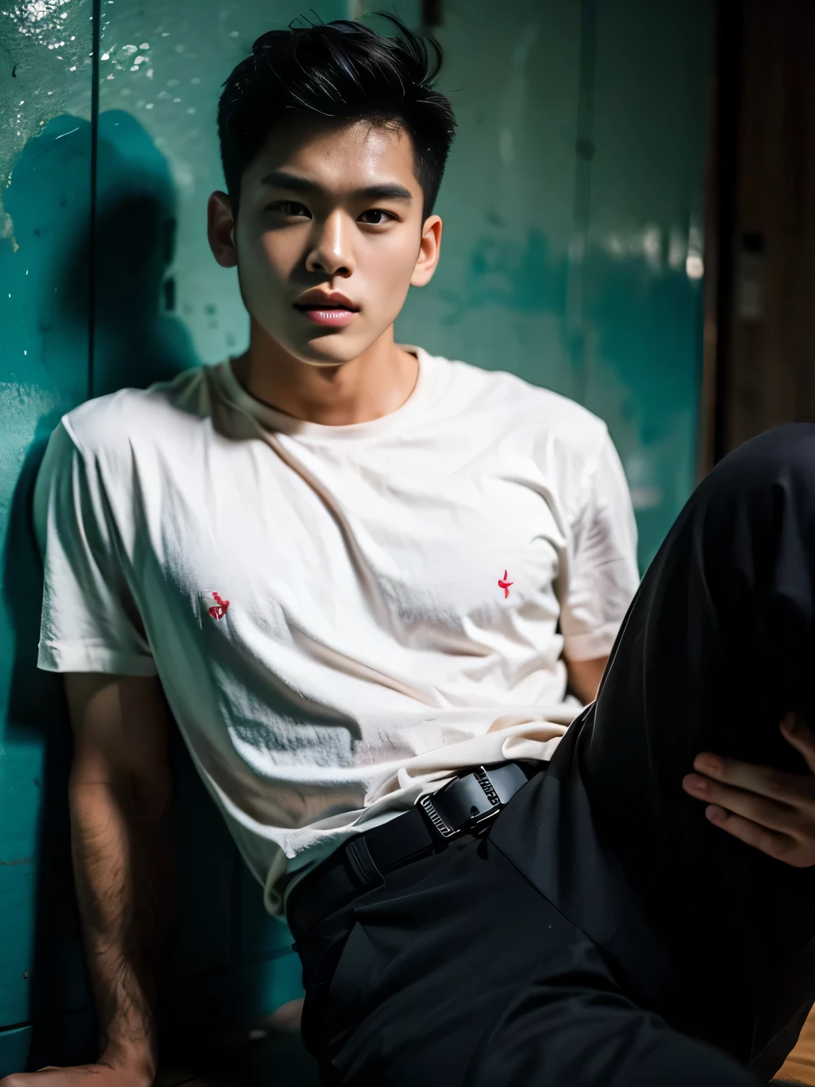 Realistic photography, The most handsome Thai man ,bare ,Sitting with legs open ,sportsperson ,Wear football pants